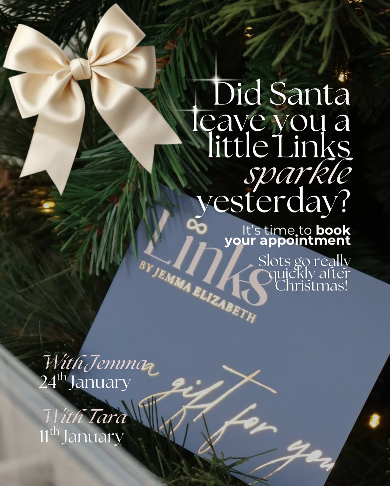 Did Santa leave you a little Links sparkle yesterday? 🎁✨
Time to book it in! January appointments always go quick after Christmas.
Here’s when you can find us:
📅 Tara — 11th Jan
📅 Jemma — 24th Jan
Tap the link in bio to book and let’s get you welded! 🤍⚡
Based at @jemmaelizabethbeauty 🎄