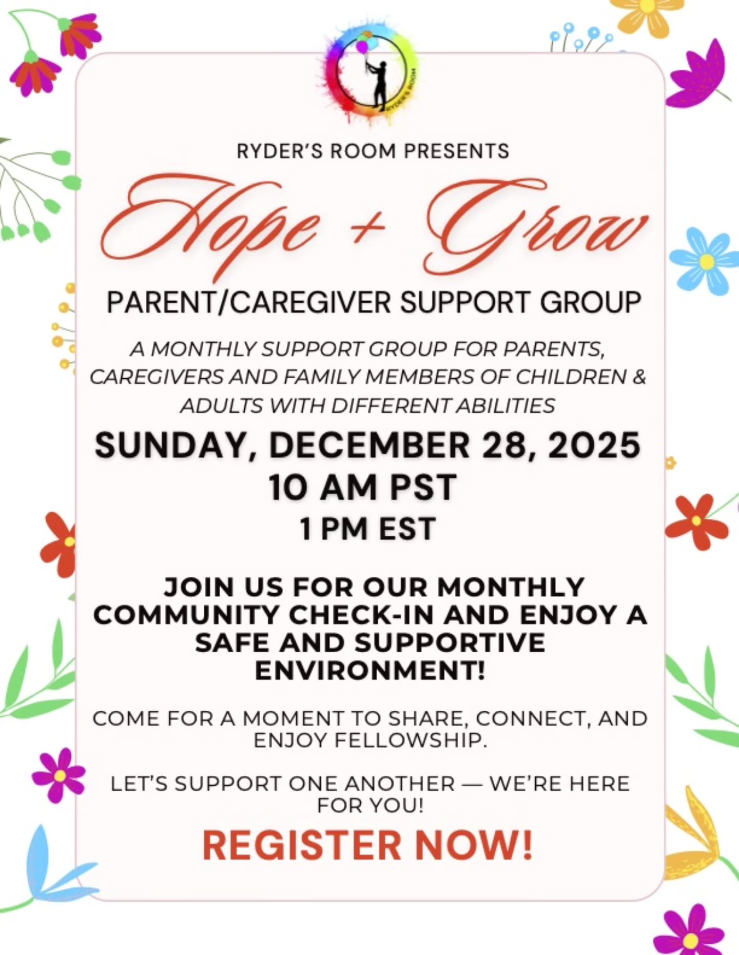 MERRY CHRISTMAS EVE!
REMINDER! Join us Sunday, December 28th at 1pm EST/10am PST for our next Parent Support Group! Tell a friend! LINK IN BIO!
⨠Date: Sunday | December 28, 2025
đ Location: Virtual on Zoom
đ Time: 1 pm EST / 10 am PST
This month, weâre continuing to come together in a safe, supportive space. Weâre so grateful to all the parents, caregivers, and family members who join us each month to share, learn, and feel heard.
Weâre here for you! If thereâs a topic youâd like us to cover or a question we can research ahead of time, please email us at info@rydersroominc.org.
We canât wait to see you at our next meeting!
REGISTER NOW (LINK IN BIO):
https://us06web.zoom.us/meeting/register/5DQ49ZBDSuK7EVnzsPXu1g#/registration