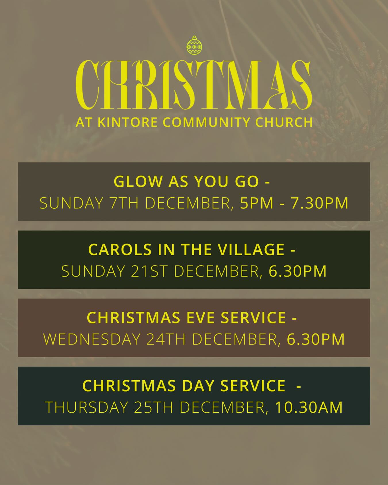 Two more opportunities to join us this Christmas time! We would love to see you tonight at 6.30pm for our Christmas Eve Carol Service and tomorrow at 10.30am for Our Christmas Day Service!! Both promise to be a great opportunity to pause, gather and celebrate as we consider the wonder of Jesus’ birth. 16 Forest Road, Kintore.
