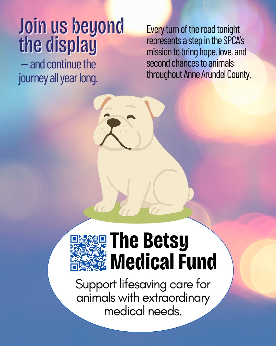 🐾✨ Join us beyond the display. ✨🐾
Every turn through Lights on the Bay supports animals in need throughout Anne Arundel County. When the lights fade, the impact continues all year long.
🏥🐾 The Betsy Medical Fund
Some animals need extraordinary medical care to survive and thrive. The Betsy Medical Fund helps make lifesaving treatment possible.
Every light helps heal.
👉 https://www.lightsonthebaymd.org
#LightsOnTheBay #MedicalCareForPets #SecondChances #AACSPCA
