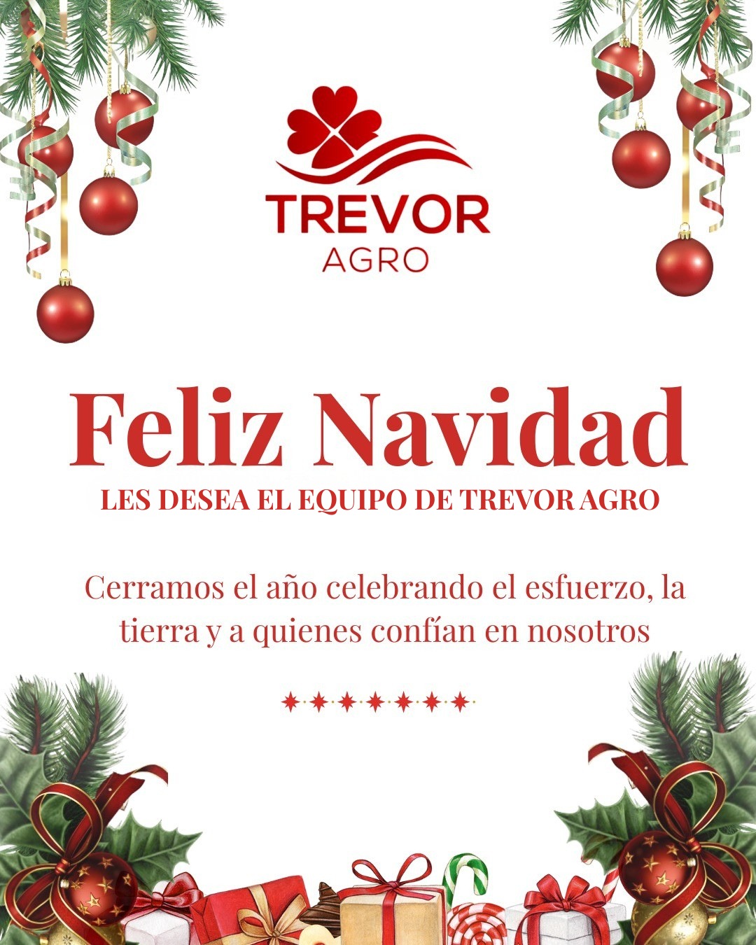 En Trevor Agro celebramos el cierre de un año lleno de logros compartidos y el inicio de nuevas oportunidades.
Queremos agradecer profundamente la confianza de nuestros clientes, aliados y colaboradores, que hacen posible seguir creciendo juntos en el camino de la innovación.
Que esta Navidad esté colmada de paz y alegría en cada hogar, y que el Año Nuevo traiga prosperidad, salud y nuevos proyectos que nos inspiren a seguir construyendo un futuro mejor.
🌱 ¡Felices Fiestas y un próspero 2026! 🌱
