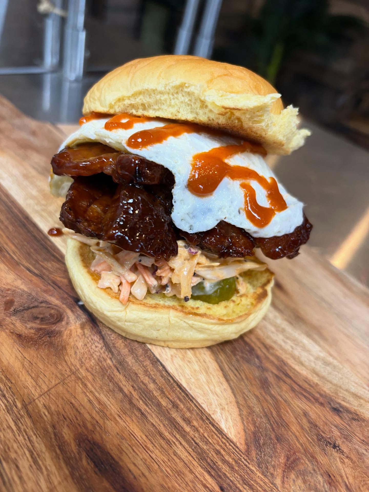 It’s friday and Hopefully everyone isn’t too full from the holidays because we have some tasty specials coming your way!
Bacon & Egg Sando- Crispy Pork Belly, Sweet Sesame BBQ, Sriracha Slaw, B&B Pickles, Fried Egg on a Martin’s Famous Potato Rolls and Bread 🔥
Crispy Corn Dog Nuggets🔥
And back by popular demand Chopped Cheese! 🔥