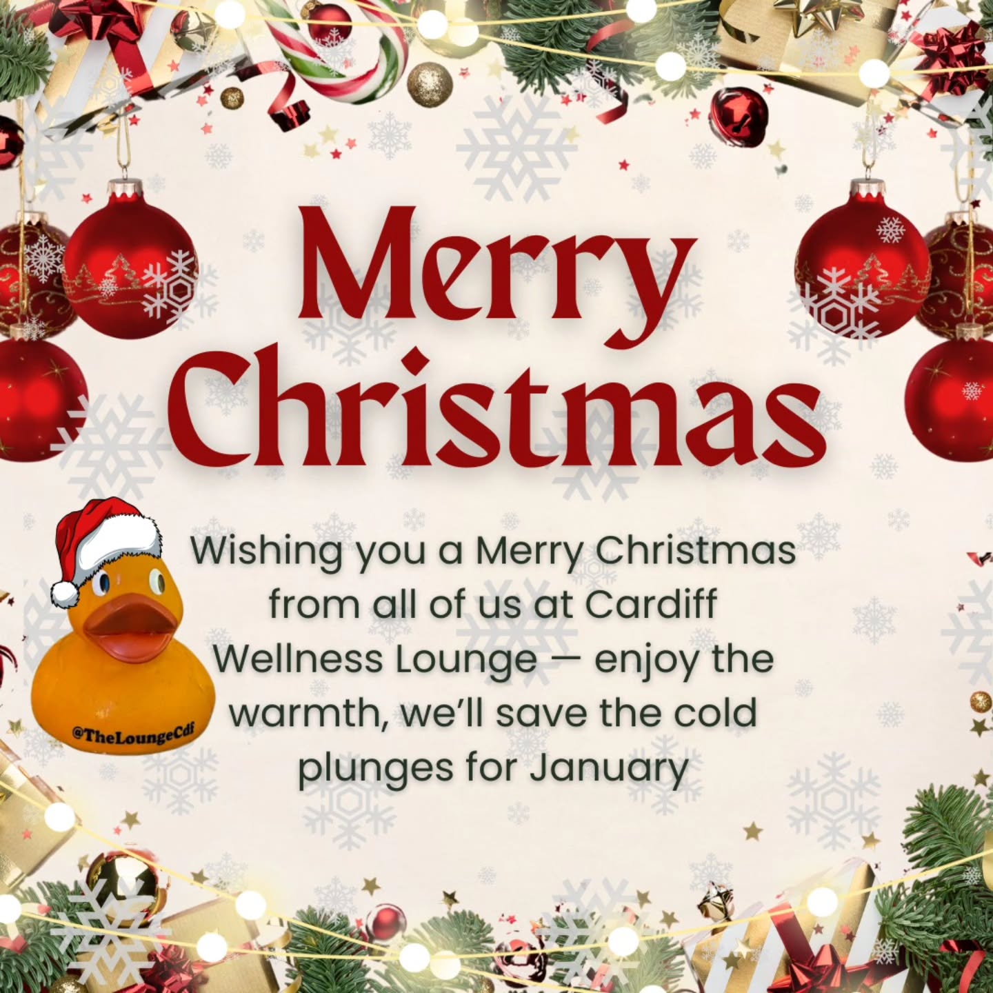 From all of us at Cardiff Wellness Lounge, we’re wishing you a very Merry Christmas 🎄
Eat too much, drink what you fancy, stay up late and don’t think about recovery just yet — that’s future you’s problem.
Enjoy the warmth while it lasts, because come January we’ll be waiting with hot saunas, brutal ice baths and no mercy.
Until then, stay cosy, stay merry, and have an absolutely cracking Christmas ❄️🔥