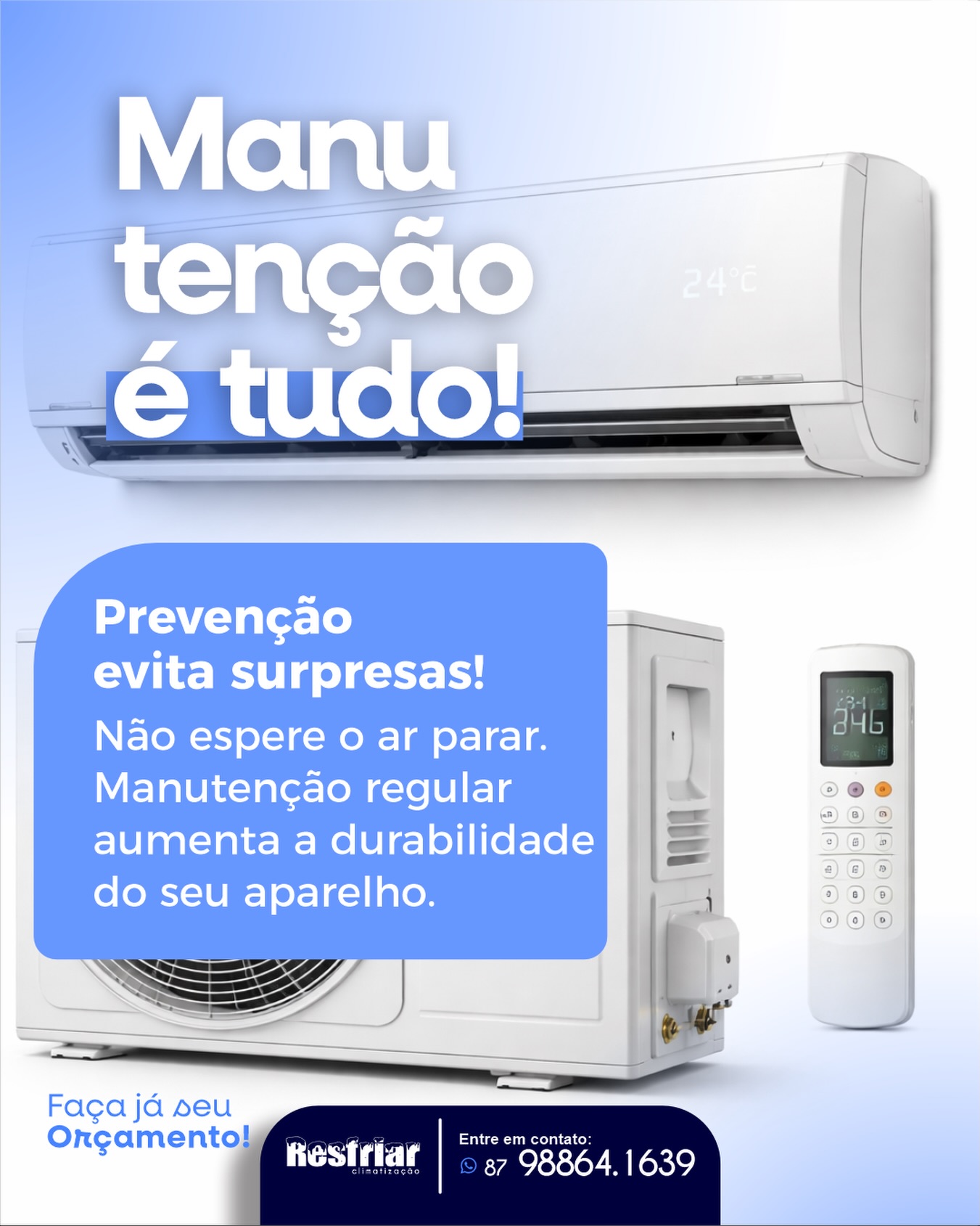 Manutenção é cuidado, economia e tranquilidade. ❄️
Evite surpresas e garanta mais eficiência e durabilidade para o seu ar-condicionado. Agende sua manutenção preventiva!
