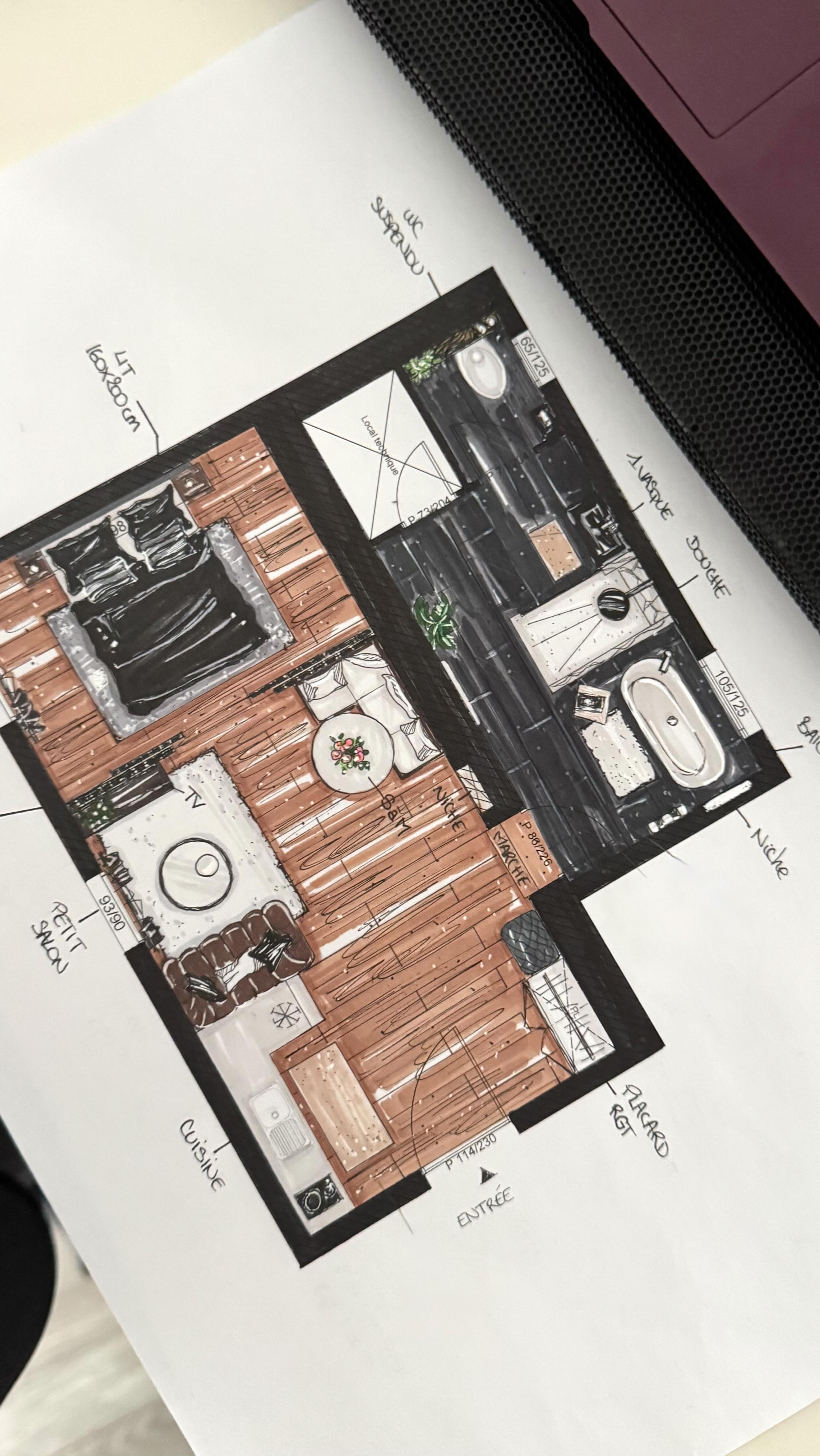 . Plan d’implantation .
Création d’une ambiance chaleureuse et feutrée pour ce projet, avec des lumières tamisées, dans un esprit hôtel. La chambre doit être au cœur du projet avec un espace détente plus compact pour le salon/salle à manger et cuisine. ✨
Avant d’arriver aux rendus 3D, une analyse approfondie du lieu est indispensable. Je commence par réfléchir à l’organisation des espaces en créant un zoning, en identifiant les avantages et inconvénients de chaque zone.
Une fois le zoning validé, je passe à la réalisation du plan coté 2D que je réalise toujours sur AutoCAD. C’est à cette étape qu’il est important de bien prendre en compte les dimensions, les mesures de chaque meuble et la circulation entre les différentes pièces.
Mais ici, je vous présente un plan rapide que j’ai dessiné à la main, afin de vous donner une idée de l’ambiance et du style recherché. (La planche d’ambiance ayant déjà été validée). 😊✍🏼
Plutôt croquis à la main ou rendus 3D? 🖤
Si vous avez un projet d’aménagement, n’hésitez pas à me contacter par mail pour en discuter :)
#architectedintérieur #interiordesign #designdinterieur #décoration #architectedintérieur