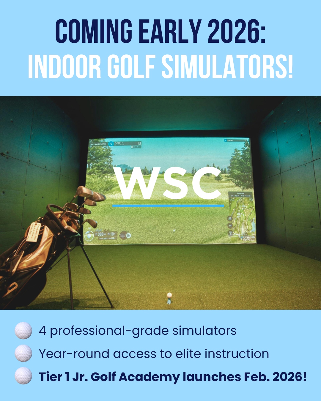 Big news, golfers! 🏌️ Four state-of-the-art indoor golf simulators are arriving at WSC in early 2026—just in time for the launch of our Tier 1 Junior Golf Academy in February!
Our junior and adult golfers will have year-round access to professional instruction. They'll train indoors on professional-grade simulators and outdoors in our new dedicated Swing Lab bays at the driving range.
Stay tuned for more information on our indoor Golf Sims and Tier 1 Junior Academy! ⛳
#Tier1Golf #WoodinvilleSportsClub #WSCGolf #WSC #JuniorGolfAcademy #GolfSimulator #SwingLab