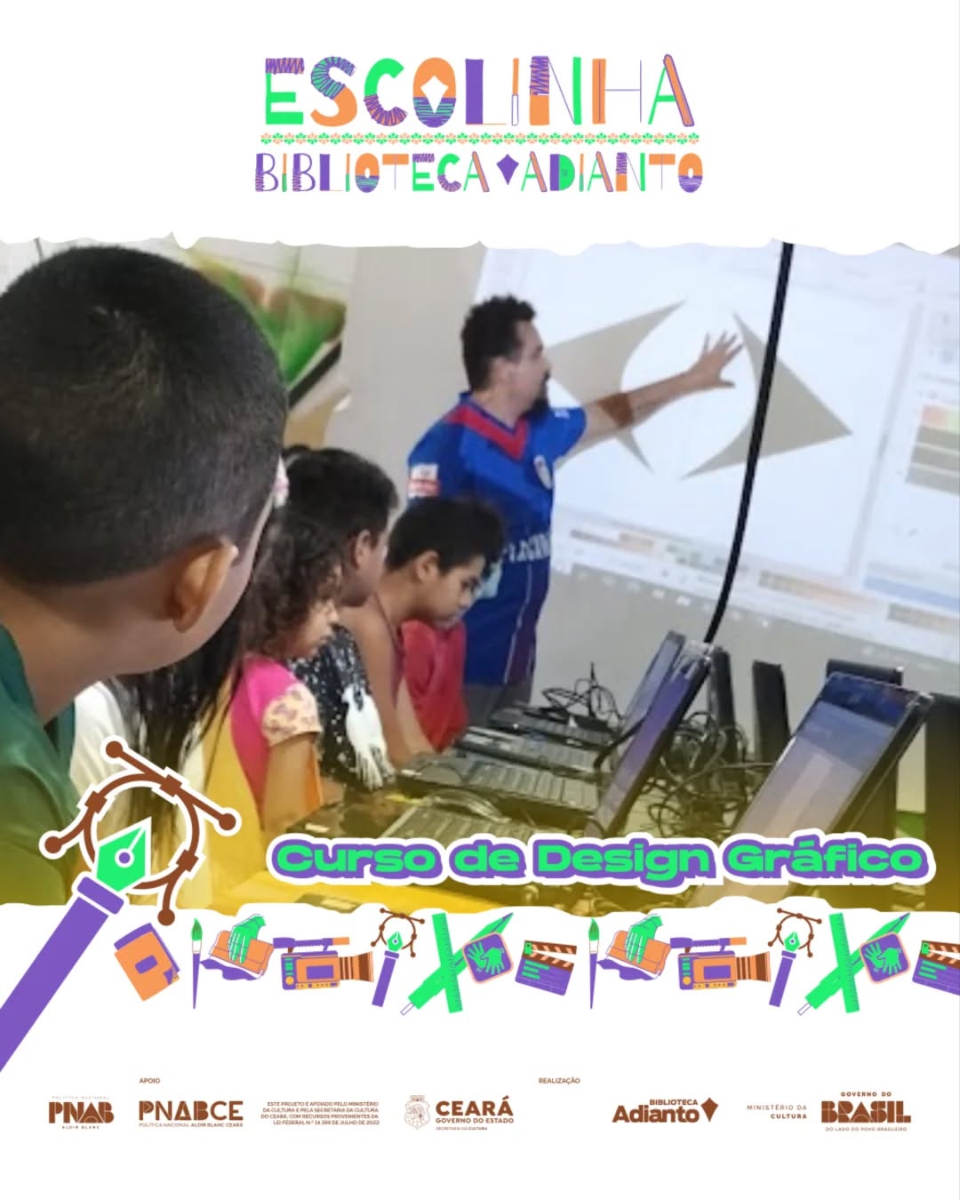 🎨📚 Curso de Design Gráfico – Escolinha Biblioteca Adianto
O projeto Escolinha Biblioteca Adianto segue abrindo portas para a criatividade e o conhecimento!
O Curso de Design Gráfico com @weleyfarpa é uma oportunidade para crianças e jovens desenvolverem o olhar criativo, aprenderem noções de comunicação visual, cores, formas e composição, tudo de maneira leve, prática e educativa.
Mais do que aprender a criar artes, o curso estimula a imaginação, a expressão e o pensamento criativo, fortalecendo habilidades importantes para o futuro.
📍 Projeto desenvolvido na Biblioteca Adianto
✨ Educação, criatividade e transformação através da arte
Este projeto é apoiado pelo Ministério da Cultura e pela Secretaria da Cultura do Ceará, com recursos provenientes da Lei Federal N.º 14.399 de Julho de 2022
#DesignGráfico #EscolinhaBibliotecaAdianto #EducaçãoCriativa #ArteEDesign #Criatividade ProjetoSocial