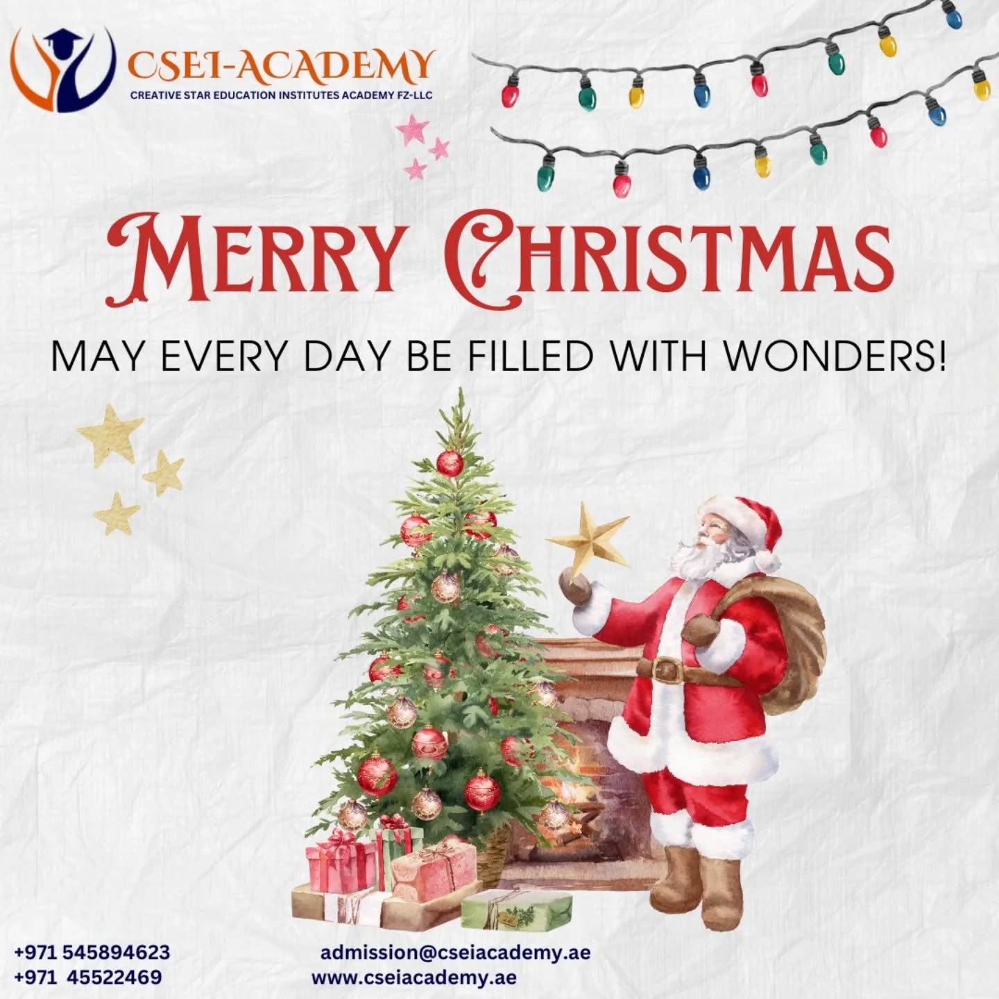 🎅️✨ Wishing you a joyous Christmas and a prosperous New Year from CSEI Academy! 🌟 May your holidays be filled with love, laughter, and dreams taking flight! 🎄💫
#CSEIAcademy #MerryChristmas #HappyHolidays 😊