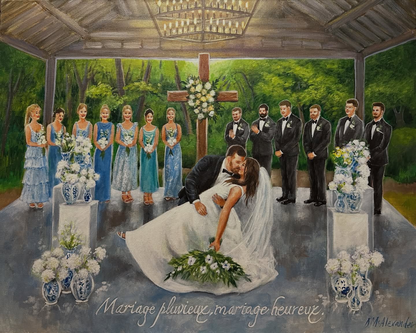 The last wedding painting of the year, a commission painted from a photo for Claire from Zachery. Mariage pluvieux, mariage heureux — a French blessing for rain-kissed vows and enduring love.
#liveweddingpainting #liveweddingpainter #weddingpainter #weddingartist #paintedfromphoto