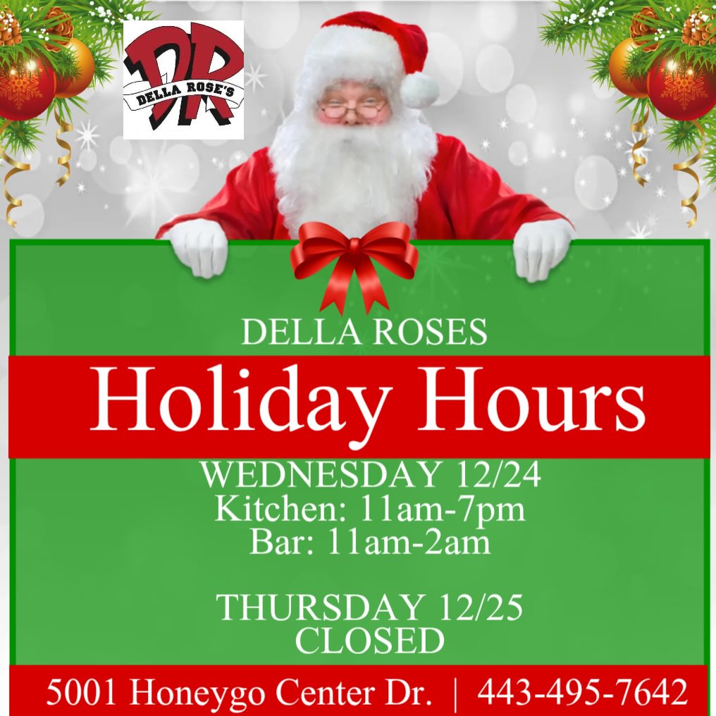 Dellas will be OPEN Today!!
👨🍳 Kitchen Hours: 11am-7pm
🍺 Bar Hours: 11am-2am
We Will Be Closed for Christmas, Tomorrow, 12/25/25 🎄 and Will Reopen Friday, 12/26/25, at 11am!!
We hope everyone has a Fun & Safe Holiday 🥂