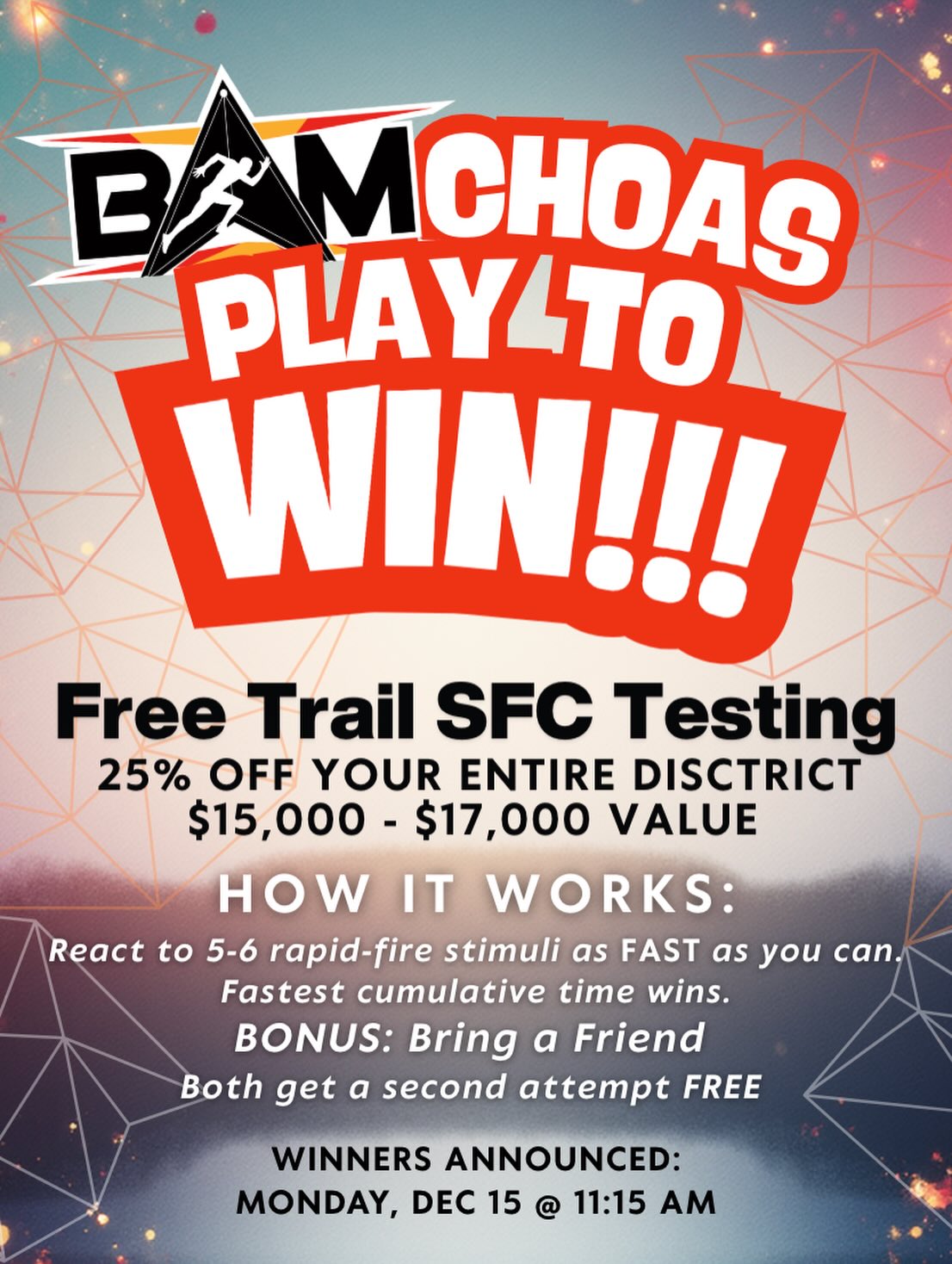 🎉✨ **GRAND PRIZE WINNER ALERT!** ✨🎉
We are beyond THRILLED to announce that **Robert Conley from Williston Schools** has claimed the GRAND PRIZE in our BAM Chaos competition! 🏆🔥
Robert, your performance was absolutely outstanding, and you’ve earned every bit of this victory! Congratulations on taking home the grand prize! 🎊
A HUGE thank you to everyone who participated and brought their A-game to BAM Chaos. The energy, competition, and dedication from all of you made this event unforgettable! 💪⚡
Stay tuned for more exciting announcements about our Top 10 winners coming soon! 👀
**#BAMChaos #GrandPrizeWinner #BAMTesting #willistonschools #NADC2025**