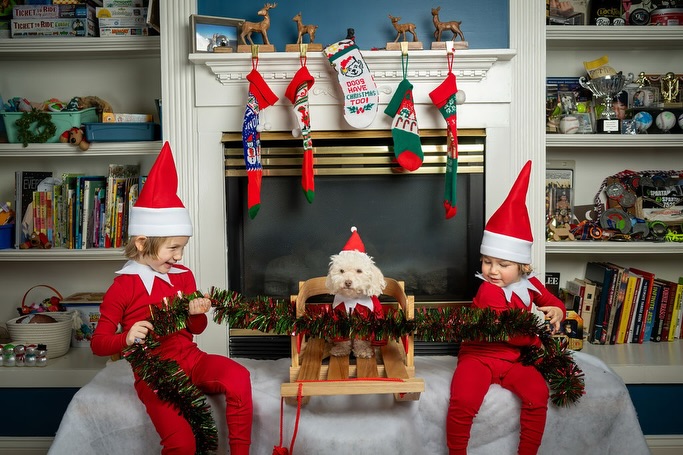 Merry Christmas to all from our E(nzo) L(uca) F(rancis) on a Shelf. And to all a good night from their tired parents. #photographer #themedphotography #christmascard #fairfieldcounty #westchestercounty
