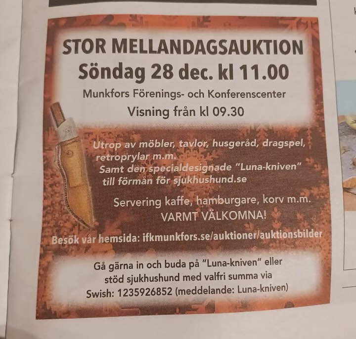 Mellandagsauktion 28/12 i Munkfors som stöder Sjukhushund!💕🐶 Fantastiskt!🙏🏻#mellandagarna #auktion #sjukhushund #munkfors #buda #luna #kniven