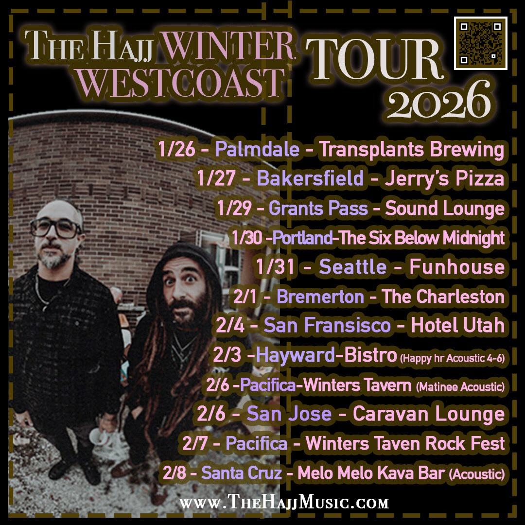 TOUR ANNOUNCEMENT!! January- February 2026!
Our first set of shows for 2026! We are excited to share our music and time with you all! Many special guests and amazing bands lined up for each city! We will have unique shows for every date on here so come to more than one if you can! Mark your calendars and stay tuned for more details!
DIY all the way! Sending love and good energy to you during these cold months! Stay up and healthy ya’ll!
#thehajj #thehajjmusic #music #diy #duo #tour #tourlife #westcoasttour #newyear #2026