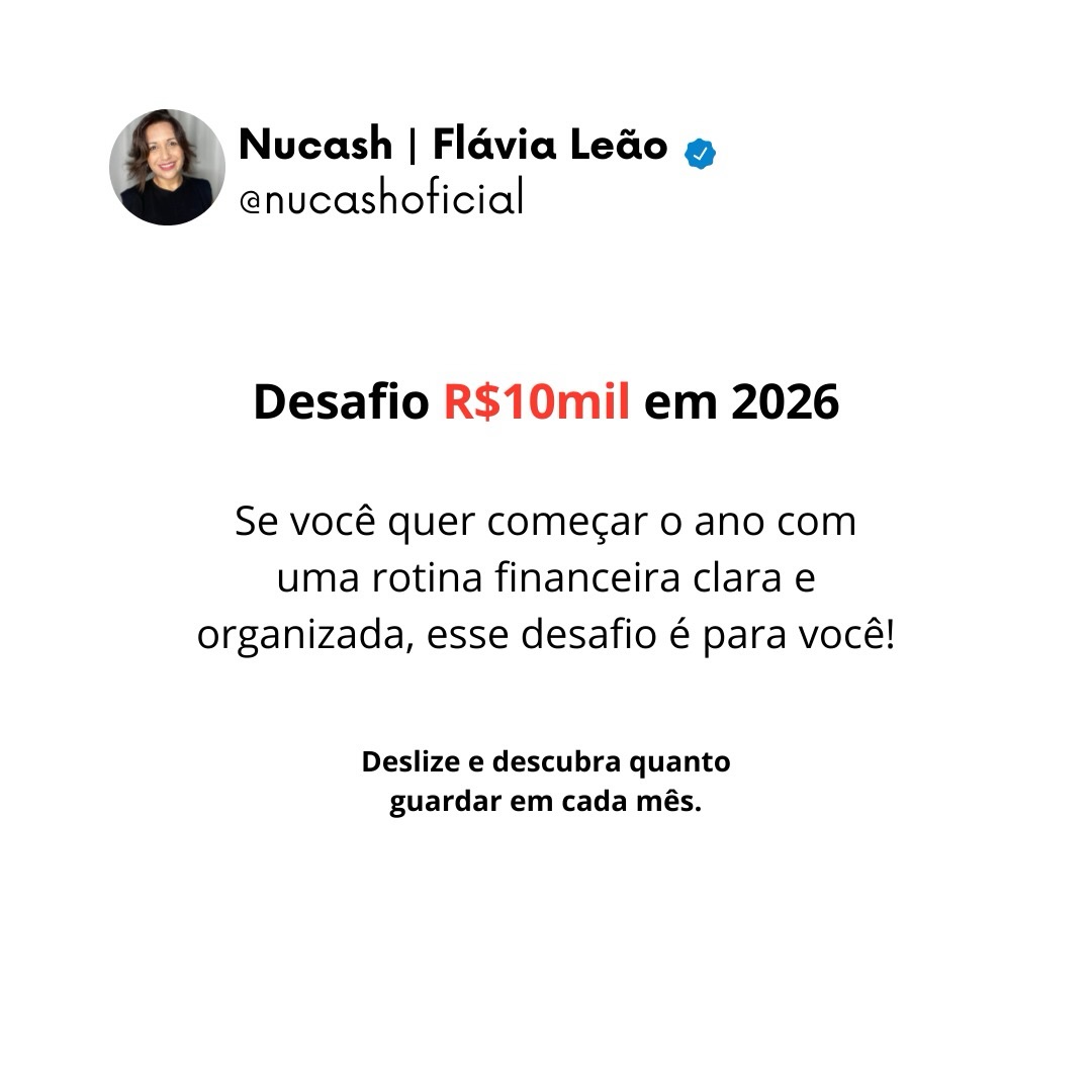 ✨ DESAFIO 10 MIL EM 2026 ✨
Se 2025 passou voando e você sentiu que poderia ter feito mais pela sua vida financeira, 2026 está aí para virar esse jogo.
Montei um desafio simples, realista e possível para você juntar R$ 10.000 ao longo do ano — sem sofrimento e com estratégia.
👉 Deslize o carrossel e veja quanto guardar em cada mês.
Você vai ver que, com organização e constância, o resultado aparece.
E se quiser começar o ano com acompanhamento, método e clareza,
🔗 acesse o link da bio e entre para a minha mentoria de finanças.
Vamos construir seu melhor ano financeiro. 💚