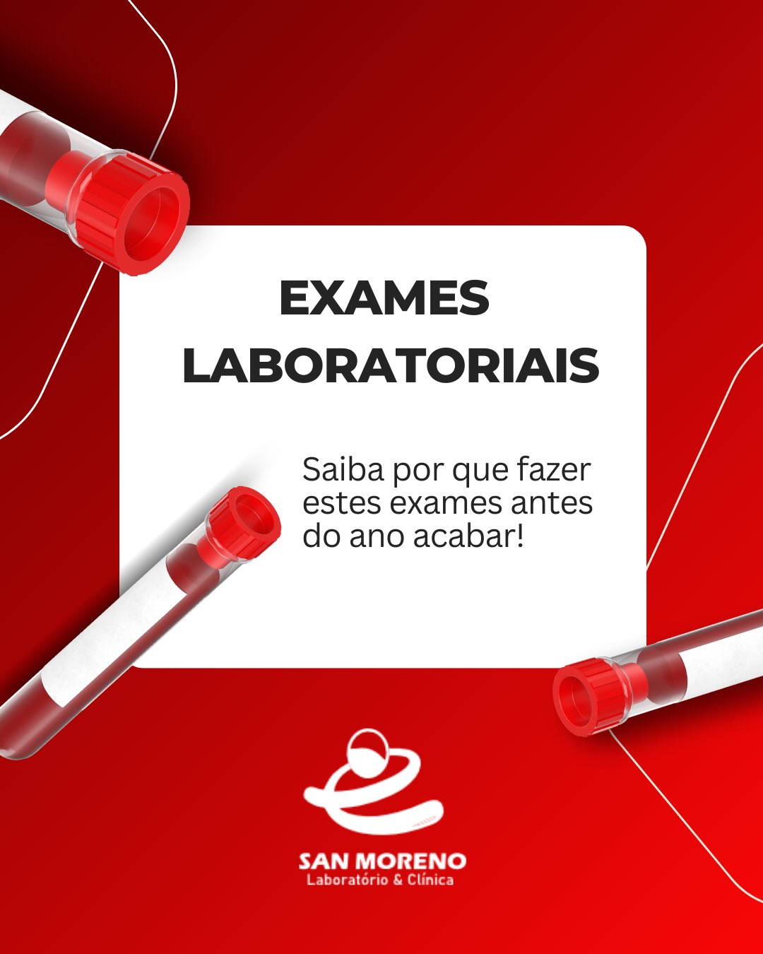 Antes de fazer planos para o próximo ano, faça um cuidado por você hoje. 💙
Exames laboratoriais ajudam a detectar alterações silenciosas e garantem mais tranquilidade para o futuro.
Conte com a Clínica SAN Moreno.