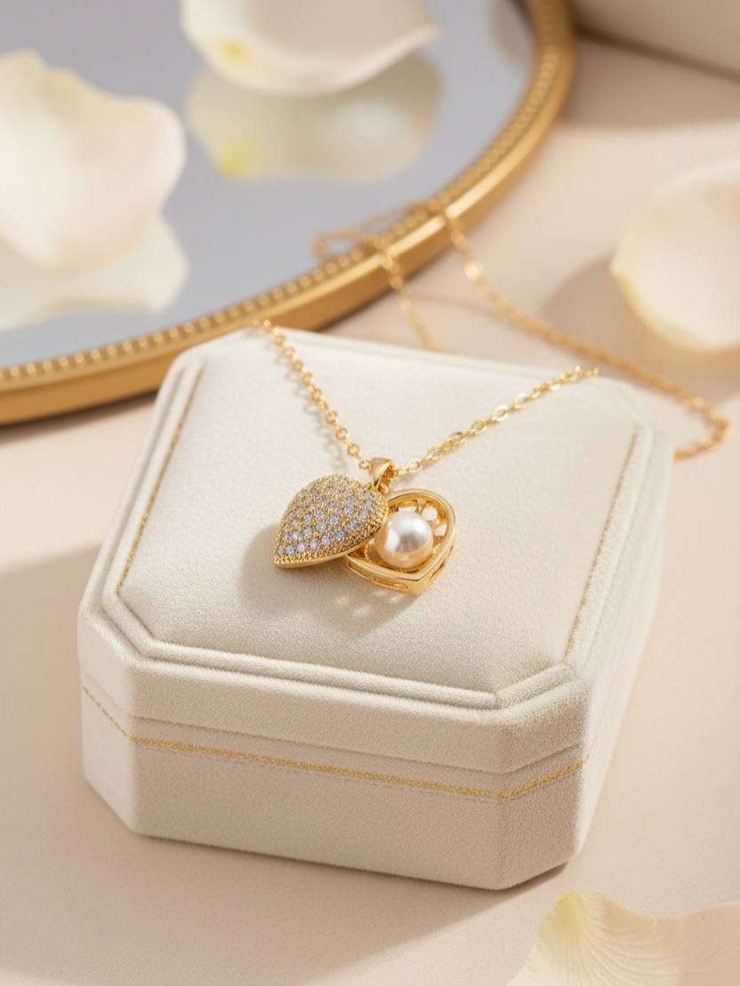 Classic waterproof pendant necklace with hidden pearl inside 18k gold plated stainless steel heart.