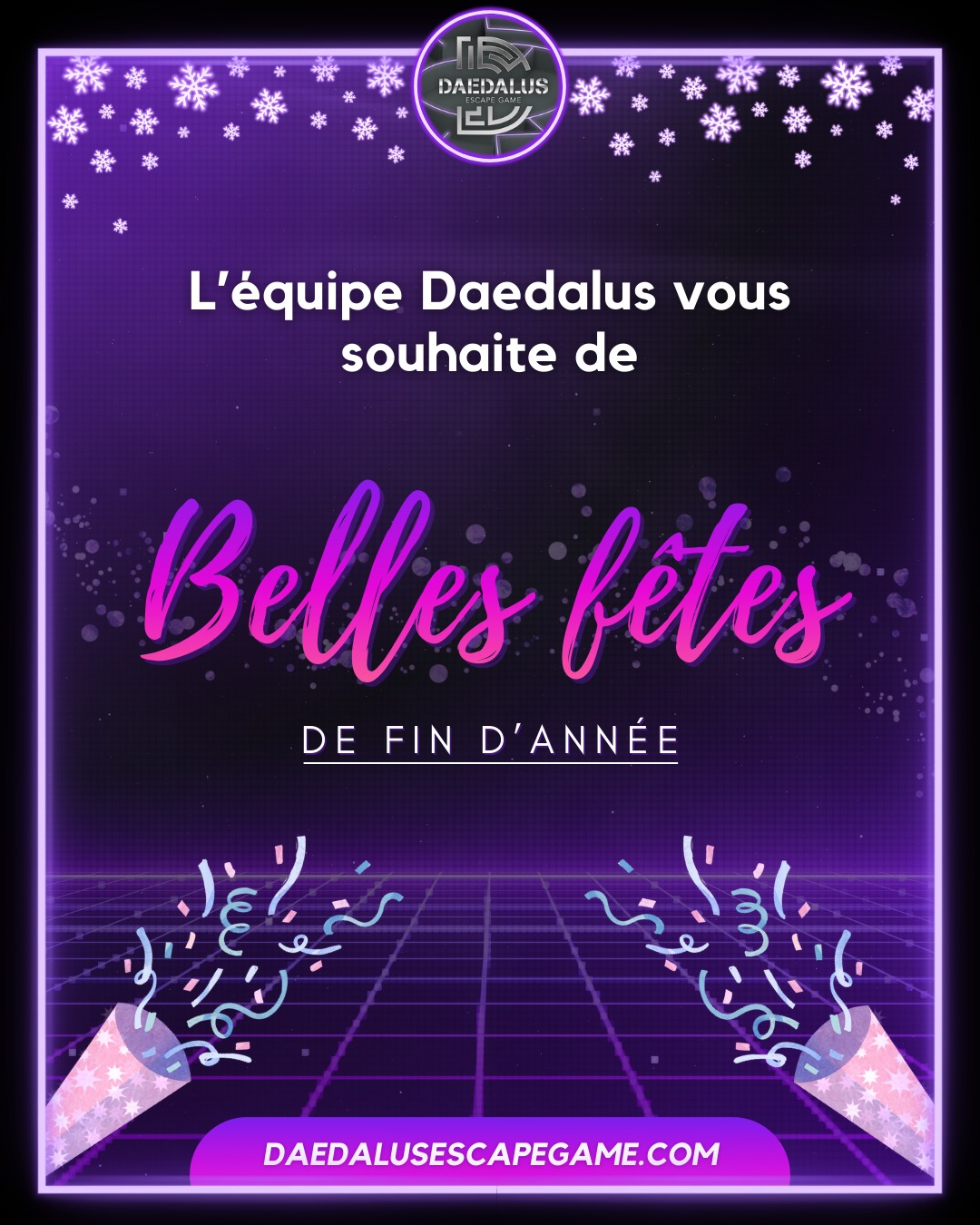 Toute l'équipe Daedalus vous souhaite des belles fêtes de fin d'année ! 💜
__________________
🌐 https://bit.ly/daedalusescapegame
📱 0633447032
☎️ 0984483171
#escape #escapegame #escaperoom #parcours #loisirs #jeu #jeux #blois #loiretcher #famille #amis #ami #barajeux #loire #jeudesociete #valdeloire #chateaudelaloire #loireavelo #bloismaville #valducher #sologne #vendome #sortiren41 #bloischambord #bloiscity #maisondelamagie #visiteblois #bloistourisme #fêtes