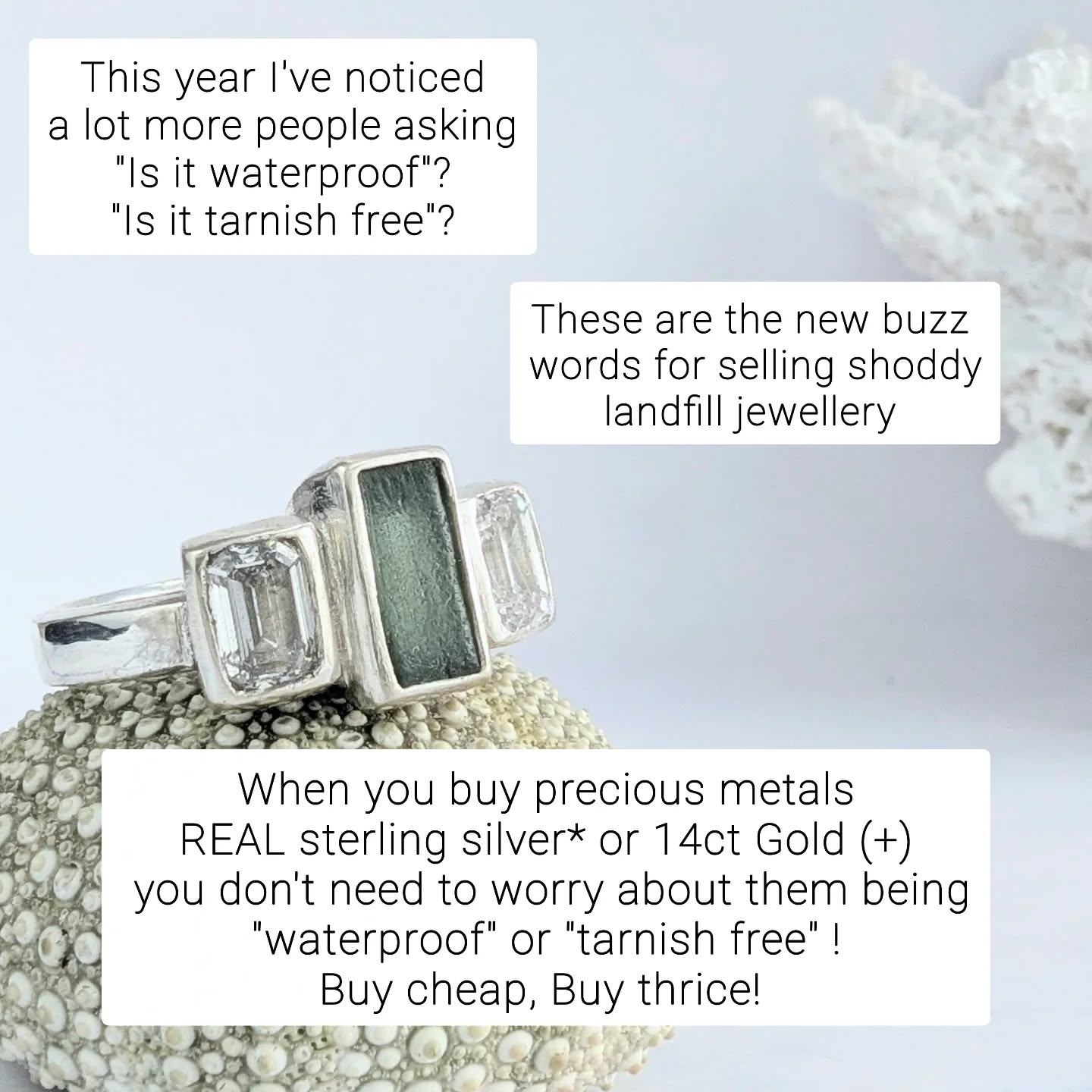 I once heard someone say "I can't afford to buy cheap" and I thought, "absolutely!". Cheap jewellery does not wear the same as proper jewellery and will look tired and ugly very quickly. It's so much better to have a few really good pieces of anything rather than a whole bunch of crap.
I've seen so many TikTok pitches promoting jewellery as "waterproof" and "tarnish" free which is usually referring to stainless steel, which although pretty durable to tarnishing can and will discolour over time, dulling the white shine (thanks to the chromium compromising). However, I've also seen this advertised on some questionable plated jewellery which almost certainly will fail within weeks as the plating is so thin, it will expose the base metal, tarnishing, colouring your finger and itching your skin.
I had a little experiment just before Christmas when I bought some "Shein verified" sterling silver and had it tested. Guess what? It wasn't sterling silver! Who was actually surprised by that?
The problem is all these fake labels are distorting the public's view of what precious metals really ought to cost. They are called precious metals for a reason because the raw material is costly and precious.
Sterling silver will tarnish if not worn daily but can shine back up with a clean and polish therefore lasting a lifetime and anything over 14ct Gold is pretty nearly 100% tarnish resistant.
#tarnishfreejewelry
#waterproofjewelry
#sustainablejewellery