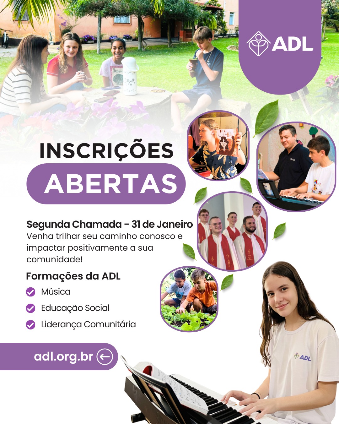 📢 Inscrição para Estudar na ADL! (Segunda Chamada)
⚠️ Ainda dá tempo de garantir sua vaga! Estamos na Segunda Chamada para novos estudantes.
📅 Dia 31/01 é o nosso encontro presencial para conhecer e ingressar.
✅ Inscreva-se hoje mesmo pelo link: https://www.adl.org.br/post/estudarnaadl
Nossas Formações:
🌻 Liderança Comunitária (3 anos)
📚 Educação Social (10 meses)
🎹 Música (10 meses)