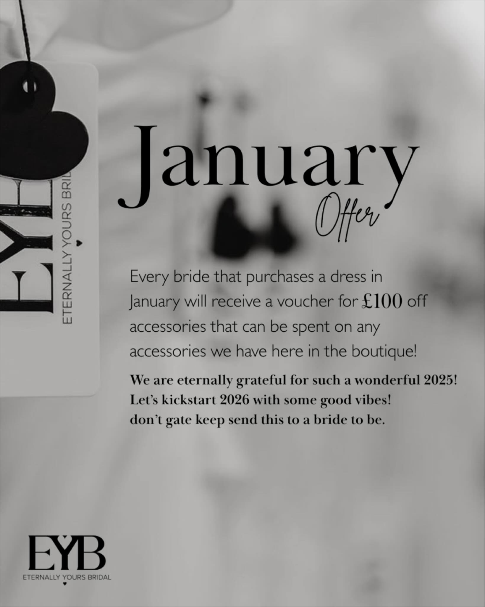 New year, new bridal magic ✨
Got a bride-to-be in your life? Tag her! 👰♀️
Every January dress purchase comes with £100 off accessories! because every bride deserves a little extra sparkle 🤍✨
#BridalBoutique #BrideToBe