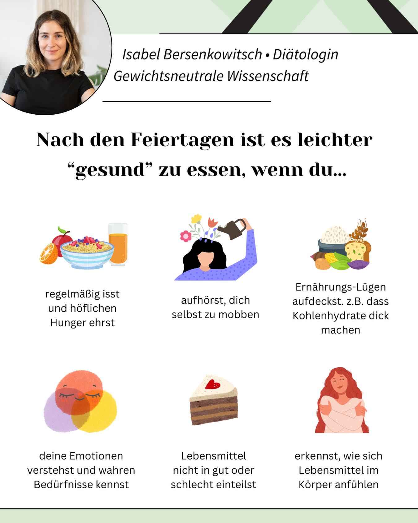 „Gesund“ zu essen wird oft wie eine Frage von Disziplin behandelt. Nach den Feiertagen erst recht: die anstrengenden Treffen, das Überessen, die Blicke, die Kommentare und alte Verletzungen, die aufleben.
Danach die Angst vorm Zunehmen und dieses leise Gefühl von: „Jetzt muss ich das wieder in Ordnung bringen“ und “Neu anfangen”.
Wie lange willst du dich noch zwischen “jetzt ist es auch schon egal” und “ab morgen wird alles anders” bewegen?
Was wirklich hilft:
„Gesund“ zu essen wird leichter, wenn du regelmäßig isst und Hunger ernst nimmst - auch wenn du dich davor überessen hast. Wenn du aufhörst, dich für Essen innerlich zu bestrafen. Wenn Lebensmittel dich weder zu einem besseren, noch einem schlechteren Menschen machen. Wenn du lernst, deine Emotionen zu verstehen – statt sie wegzuessen oder zu kontrollieren.
Nicht mit Disziplin. Sondern mit ehrlicher Verbindung zu dir selbst.
✨ Stell dir vor, Essen dürfte wieder einfach sein. Einfach essen. Ohne Schuld. Ohne Neujahrsdruck. Ohne Kampf. Und vor allem: ohne Disziplin.
✨ Food Freedom ist kein Neujahrsvorsatz und auch kein Ziel, sondern ein Weg zurück zu dir.
Ab 15.01.26 öffnet sich ein Raum, in dem du nichts beweisen musst. In 8 Monaten wirst du von 5 Expert:innen und einer Gruppe aus Gleichgesinnten begleitet, um Frieden mit dem Essen zu schließen.
Dein Körper ist kein Projekt. Und dein Wert ist nicht verhandelbar.
🤍 Wenn dein Körper beim Lesen sanft aufgeatmet hat: Du bist gemeint und du bist hier richtig. Wenn du möchtest, gehen wir diesen Weg gemeinsam. Alle Infos im Link in der Bio.
#foodfreedom #selbstfürsorge #antidiät