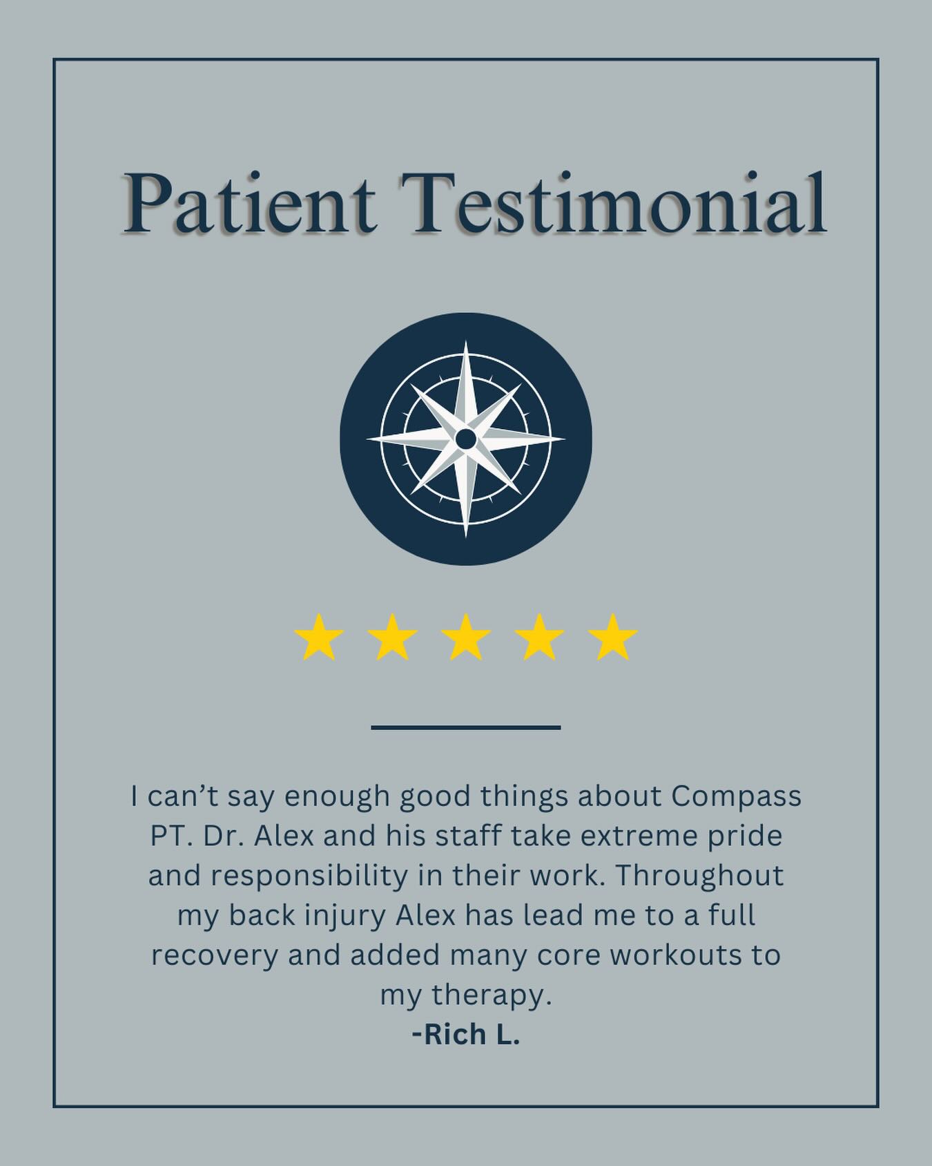 Testimonial Tuesday
Recovery doesn’t stop at pain relief - it’s about getting stronger 💪🏻
We’re proud to help our patients rebuild, move better, and feel confident again.
#compasspt #physicaltherapy #testimonialtuesday #recovery