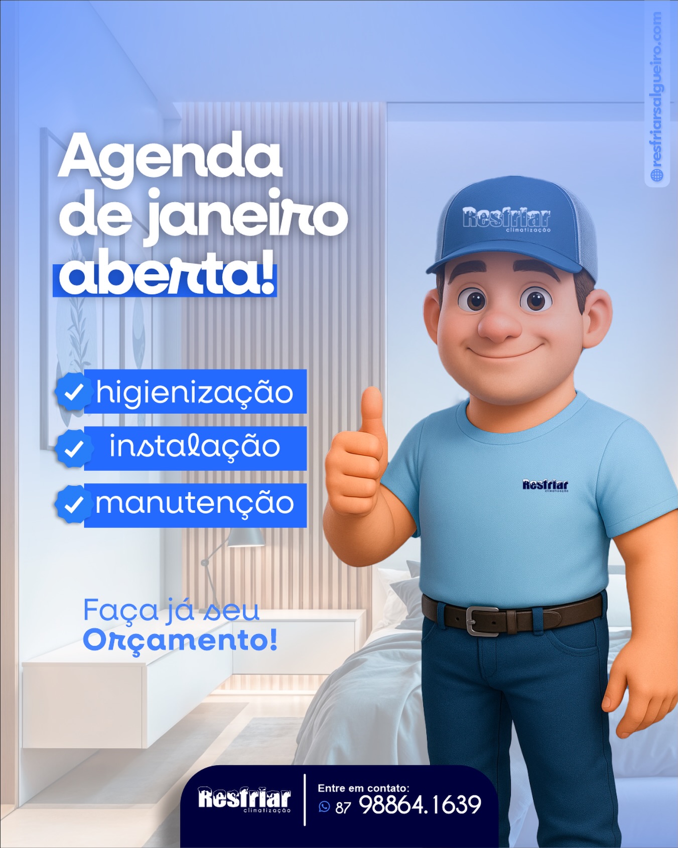 Comece o ano com conforto e tranquilidade!
Nossa agenda de janeiro já está aberta para higienização, instalação e manutenção de ar-condicionado.
Faça já seu orçamento!