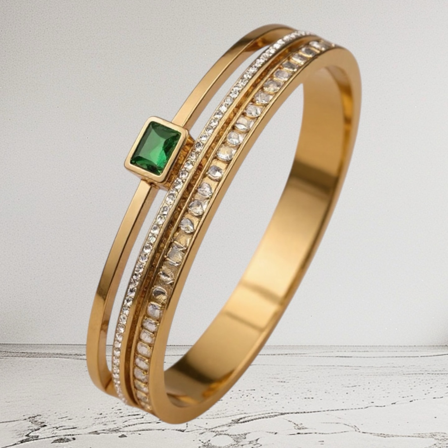 Luxury Stainless Steel Cuff Bracelet Bangle, Waterproof Bracelets,Green White Rhinestones.