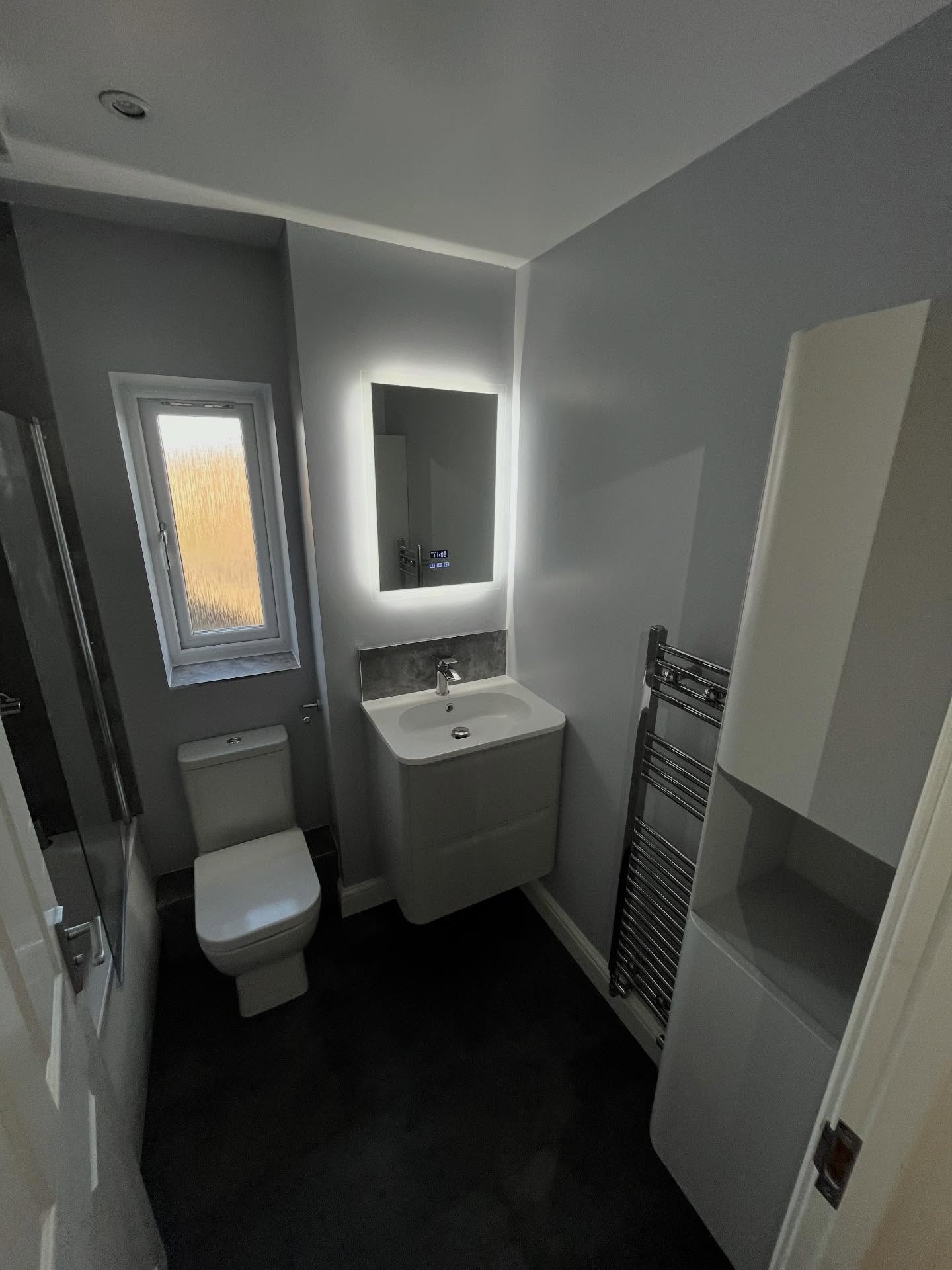 Another Bathroom project completed in December ✅ . We stripped all of the pvc panels off the walls and ceiling and removed the tiles behind the panels too. Over boarded the shower area with cement boards in preparation for tiling and plastered the other areas in preparation for painting. New suite supplied by B&Q. Laminate vinyl floor and Dulex bathroom paint with a little glitter added for a subtle shimmer on the walls.