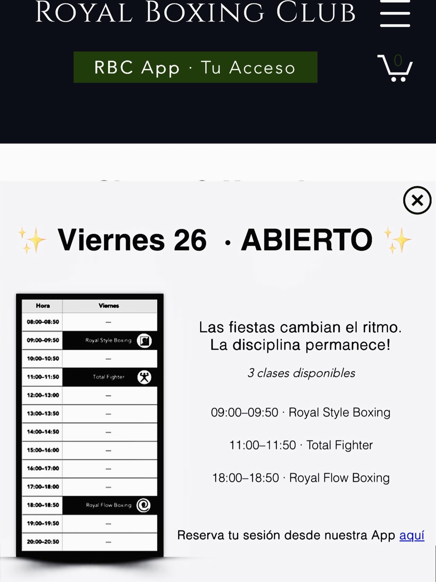 Viernes 26 · ABIERTO
Mientras todo se detiene,
nosotros entrenamos.
Tres clases para mover el cuerpo,
sudar los excesos
y empezar a mirar de frente a tus objetivos 2026.
09:00 · Royal Style Boxing
11:00 · Total Fighter
18:00 · Royal Flow Boxing
Reserva desde la app.
Nos vemos en el ring.
#stylerbc & #flowrbc