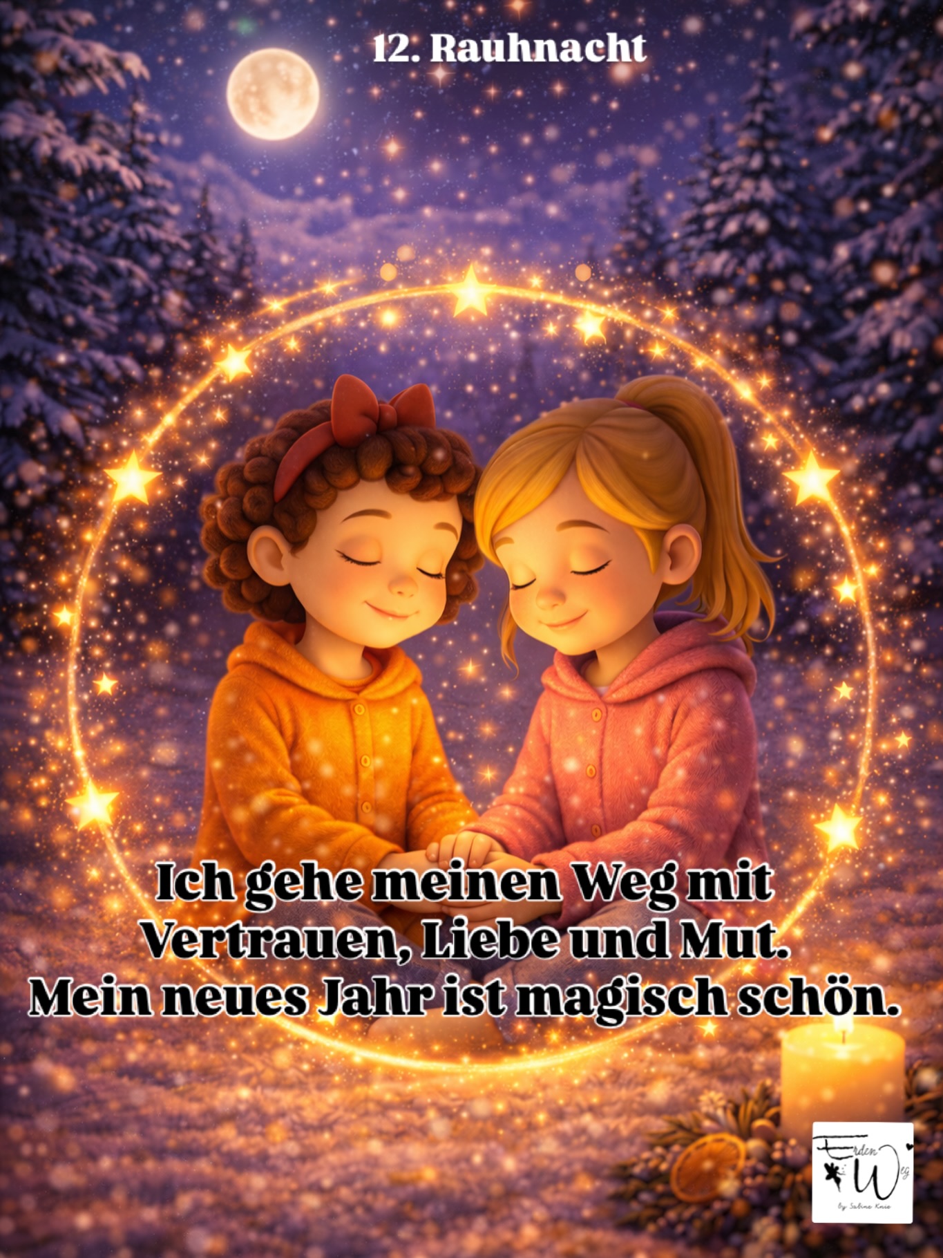 Mach es dir gemütlich.
Vielleicht zusammen mit jemandem, den du lieb hast.
Lege deine Hand auf dein Herz und spüre, wie es schlägt.
Schließe für einen Moment deine Augen.
Atme einmal tief ein und aus…
Nun sprich dreimal:
„Ich gehe meinen Weg mit Vertrauen, Liebe und Mut. Mein neues Jahr ist magisch schön.“
Fühlst du dein Herz?
Wenn du möchtest bleibe noch einen Moment hier. Lass deine Augen geschlossen und vielleicht bekommst du auch in kleines Zeichen.