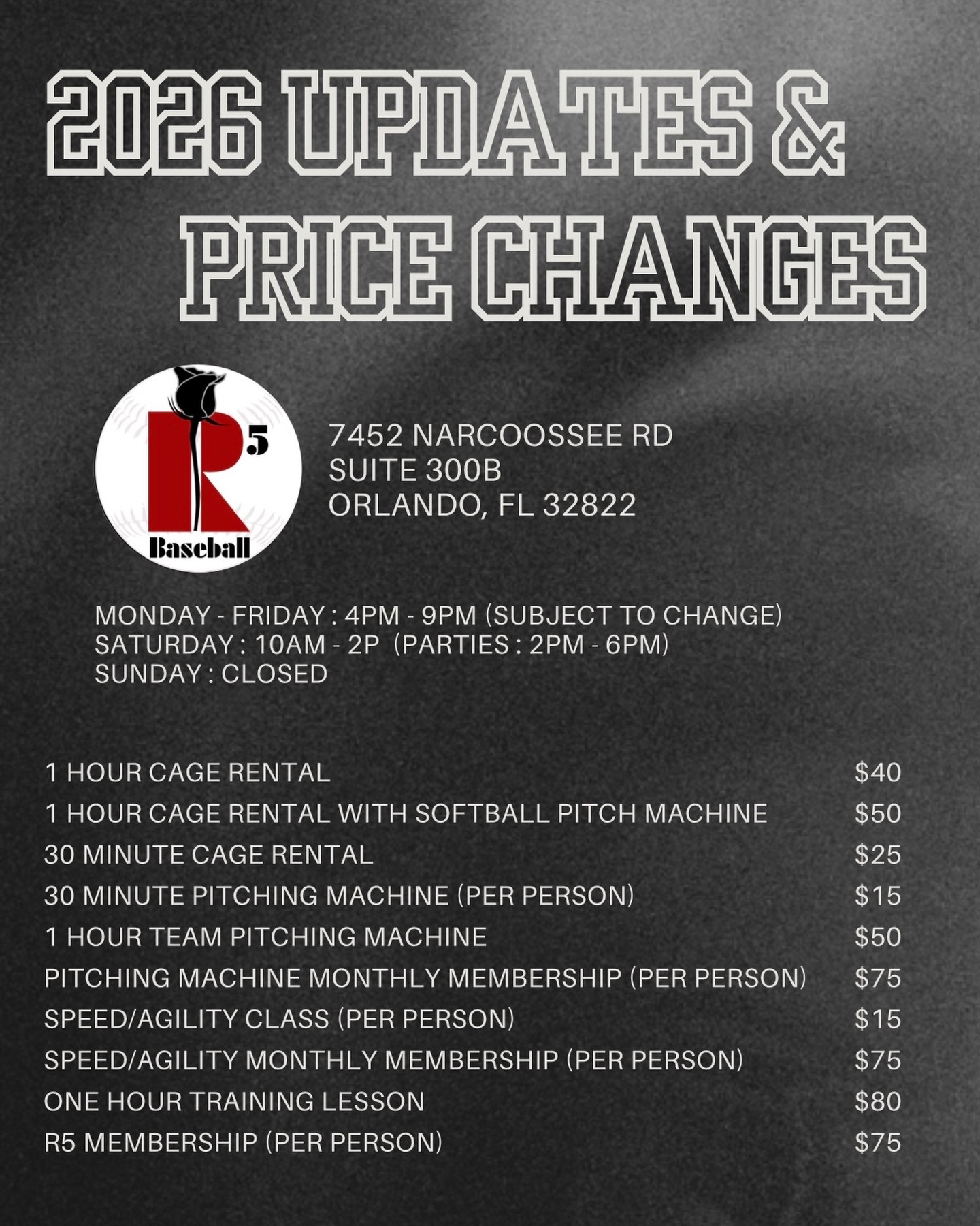 Heads up, R5 family! 👋
Our updated hours and pricing go into effect January 1st, 2026.
Interested in lessons? Grab a package NOW before pricing goes up on the 1st!
Thank you for continuing to train with us! ⚾️🥎💪
#indoorbattingcages #baseball #softball #battingcages #centralflorida