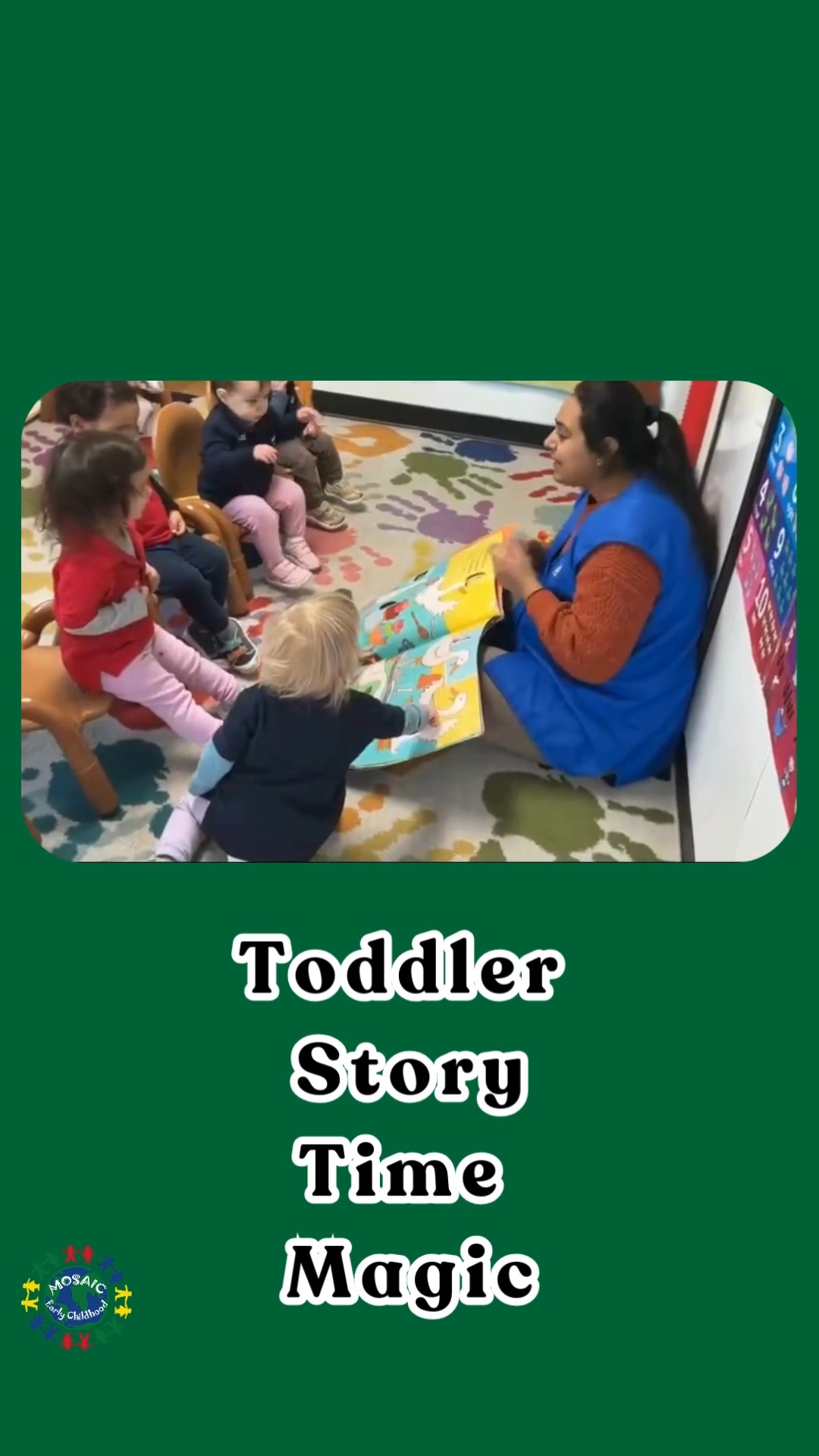 📚✨ Toddler Story Time Magic! ✨📚
Our toddlers are loving story time—listening, pointing, and engaging with books alongside their teachers. Story time is so important for building language, attention, and a love for reading, and our amazing teachers do a wonderful job bringing stories to life with enthusiasm, patience, and care. 💛
We’re so proud of our little listeners and so thankful for the incredible educators guiding them each day! 🌟
.
.
.
.
.
#toddlerstorytime #earlyliteracymatters #amazingteachers #northshorefamilies #mosaicearlychildhood