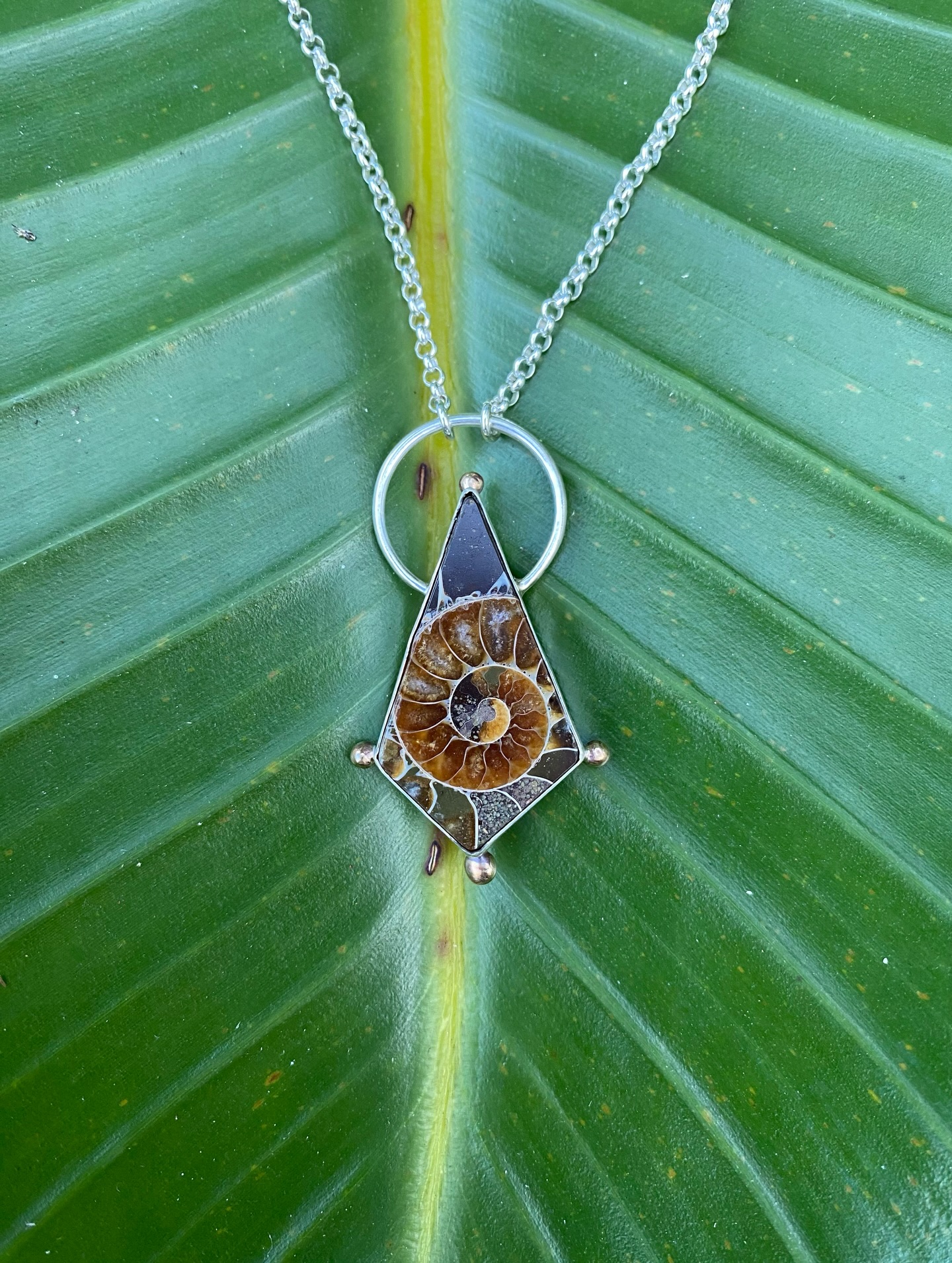 Fossilized Ammonite Sterling Silver Necklace. ✨🐚 Chain length is 17.5 inches and the pendant features four bronze accents. Listing price is $168 - available on my website or shoot me a DM.
.
I have a lot of beautiful inventory available - necklaces, rings, earrings, & some bracelets. All handcrafted with quality and care, help me clear out all these pieces so they can go off to new home and be worn! Besides custom work I don’t intend on making any new pieces for awhile. With the way silver continues to keep rising in price & with my work hardly getting any sales; I’m instead going to start posting an item a day to shine some light & love on my older pieces. ✨Thank you as always for the love and small business support. Hope everyone has had a nice Holiday season so far.
.
#fossil #fossiljewelry #ammonite #fossiladdict