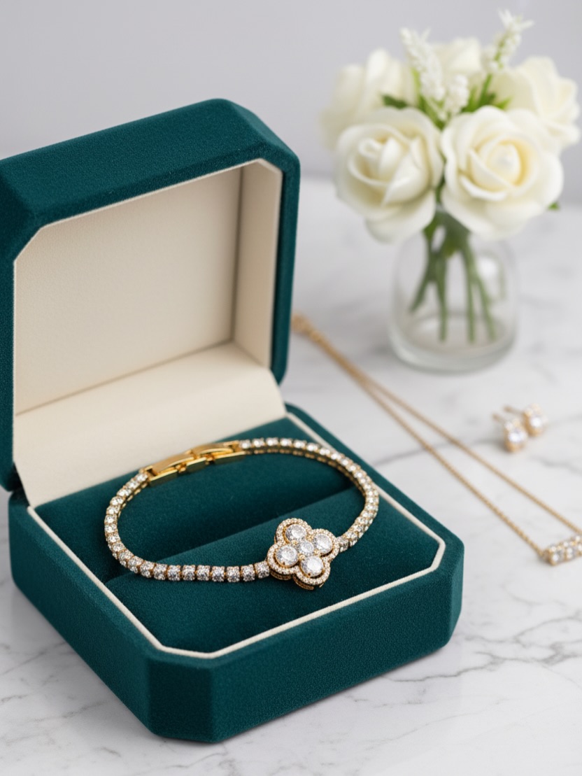 Luxurious gold bracelet with a zircon flower design with imitation diamonds and a thin band inlaid with imitation diamonds.