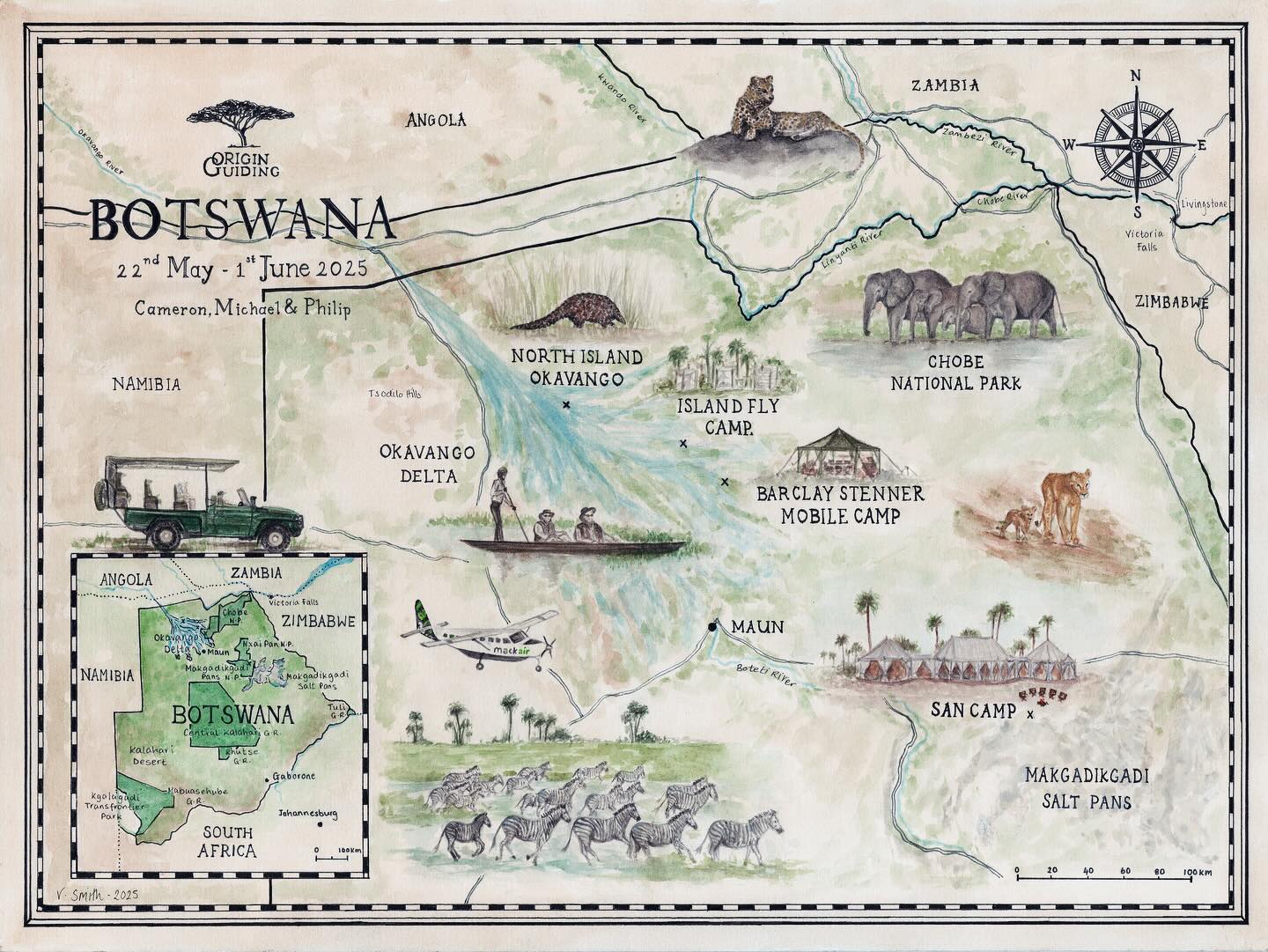 From Maun to the Makgadikgadi Salt Pans, and deep into the Okavango Delta 🌍
This bespoke hand-painted map was created to tell the story of an unforgettable Botswana journey - tracking the route, the camps, and the moments that made it magical. Lions, vast herds of elephants and zebra, hippos, a leopard perched on a rock… and even a rare pangolin sighting!
Thank you @matthew_bromham for commissioning me to bring this safari to life for your clients!
#botswana #bespoke #bespokemap #handpaintedmap #africa #africaart #botswanamap #botswanawildlife #okavangodelta #okavangodeltabotswana #art #artist #wildlifeart