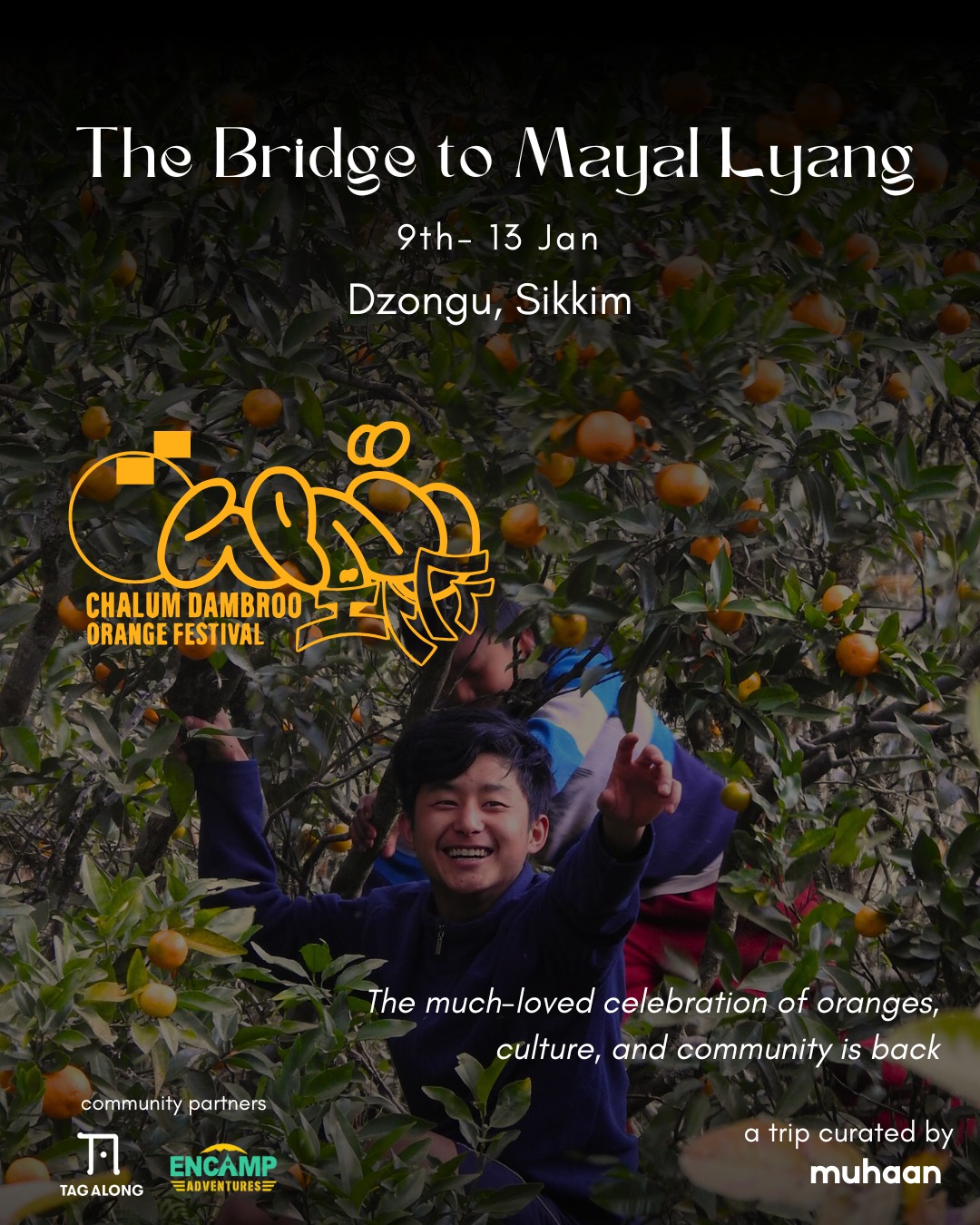 The much-loved orange festival of Dzongu is back!
This is the most beautiful time to be in Dzongu — when the valleys glow with ripe oranges and the land comes alive with celebration. Alongside the harvest, experience the rich cultural expressions of the Lepcha community through music, stories, food, and shared moments.
This season, we invite you to be part of it through our immersive journey The Bridge to Mayal Lyang — a slow, soulful experience rooted in culture, connection, and the spirit of the land.
Come celebrate the harvest, the people, and the stories that make Dzongu so special.
Register via the link in bio
#ChalumDamroo #Dzongu #OrangeFestival #MayalLyang #LepchaCulture #SlowTravel #ImmersiveTravel #CommunityCelebration #HiddenHimalayas