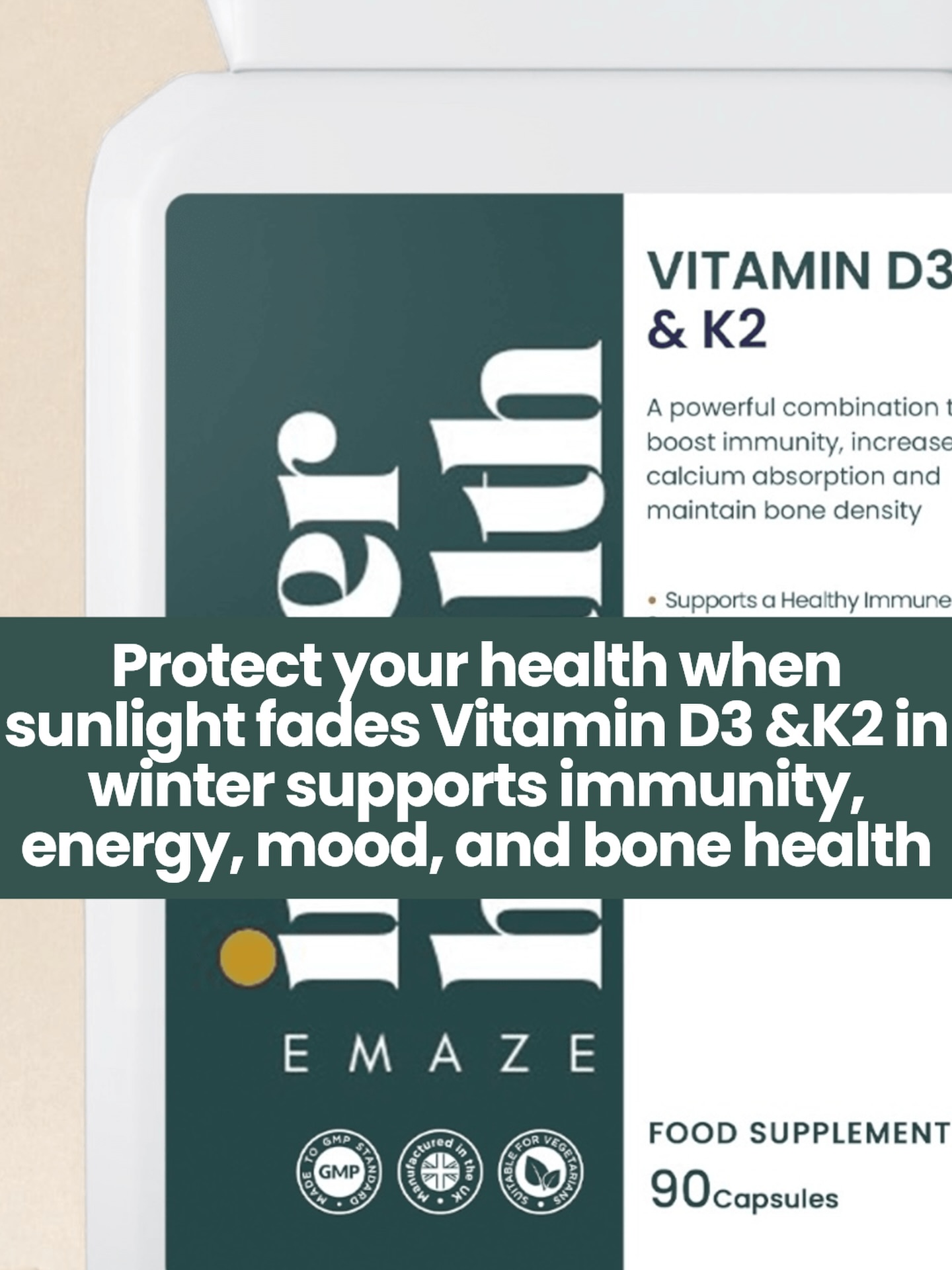 Why Vitamin D is essential in winter ☀️❄️
During the winter months, reduced sunlight means many of us struggle to produce enough Vitamin D naturally this can quietly impact multiple areas of health.
Vitamin D plays a key role in immune function, helping the body defend against seasonal illnesses and supporting a balanced inflammatory response. Low levels have been linked with increased susceptibility to infections, which is why winter is a critical time to stay topped up.
It’s also essential for energy and mood. Vitamin D supports neurotransmitters involved in mood regulation, and low levels are commonly associated with fatigue, low motivation, and seasonal low mood.
From a structural perspective, Vitamin D is vital for bone, joint, and muscle health. It supports calcium absorption, muscle strength, and mobility especially important as colder months often mean less movement and exercise.
Vitamin D also supports skin health, hormone balance, and overall longevity, working quietly in the background to keep multiple systems functioning optimally.
In short: winter isn’t the time to let levels drop.
Vitamin D is a foundation nutrient not a trend consistent support through the darker months can make a noticeable difference to how you feel, move, and function.
Support your health from the inside out, especially when sunlight is limited.
Available to order online www.emazeinnerhealth.co.uk