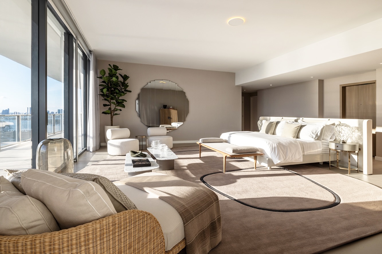 A bedroom defined by its scale, designed to go beyond function and become a true retreat.
An expansive Miami Beach ocean view, combined with natural light that fills the space, blurs the line between indoors and outdoors.
The layout was carefully planned to create fluid areas, ideal for relaxing and quiet contemplation.
The bed was positioned as a freestanding centerpiece, complemented by a midnight bar area and private elevator access, allowing the owner to enter their personal retreat without passing through the home’s social areas.
A project designed to deliver a truly unique experience.
Five Park, Miami Beach.
Design by @WeBossaDesign
Fully furnished by @artefactousa ✨