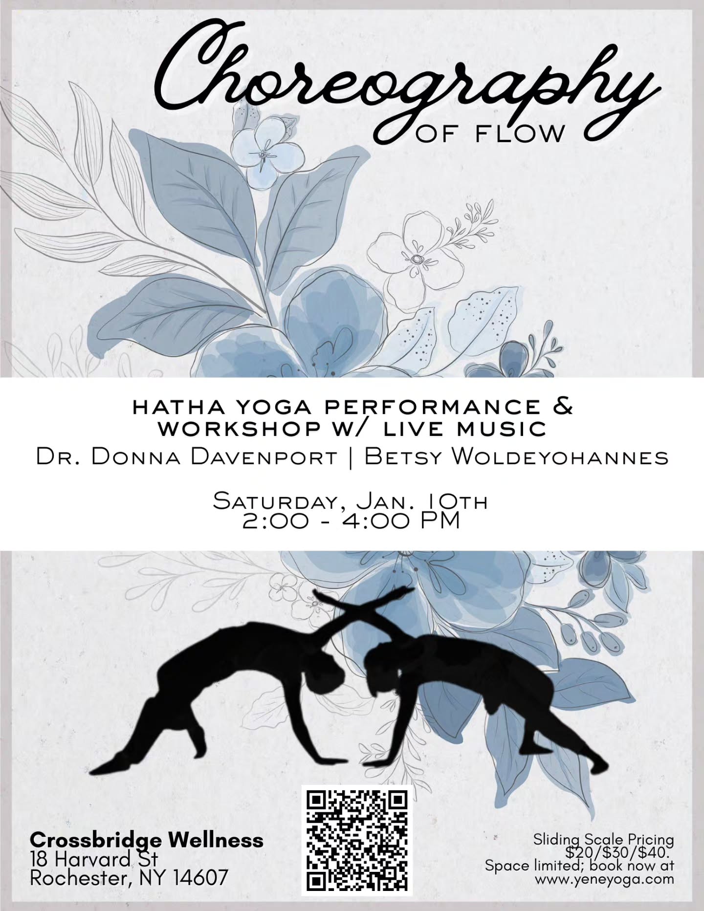 Join seasoned dance instructor Dr. Donna Davenport and RYT Betsy Woldeyohannes of Yene Yoga for Choreography of Flow, an exploration of movement in community at Crossbridge Wellness!
💫Choreography of Flow will consist of a duet performance accompanied by live music, followed by an all-levels Hatha Yoga workshop in which we will break down some of the shapes featured in the duet. Join us in welcoming the new year with joy, peace, and playfulness!
🗓 Saturday, January 10th
2:00 - 4:00 PM
📍Crossbridge Wellness
18 Harvard St
Rochester, NY 14607
ℹ️This event will run for a total of two hours, including a short intermission. $20/$30/$40 sliding scale pricing includes both performance attendance and workshop participation. Drop-in's welcome, but space is limited, so secure your spot today!
👉Book Now at https://www.yeneyoga.com/event-details-registration/choreography-of-flow
#performance #rochesterny #workshop #beginners #events