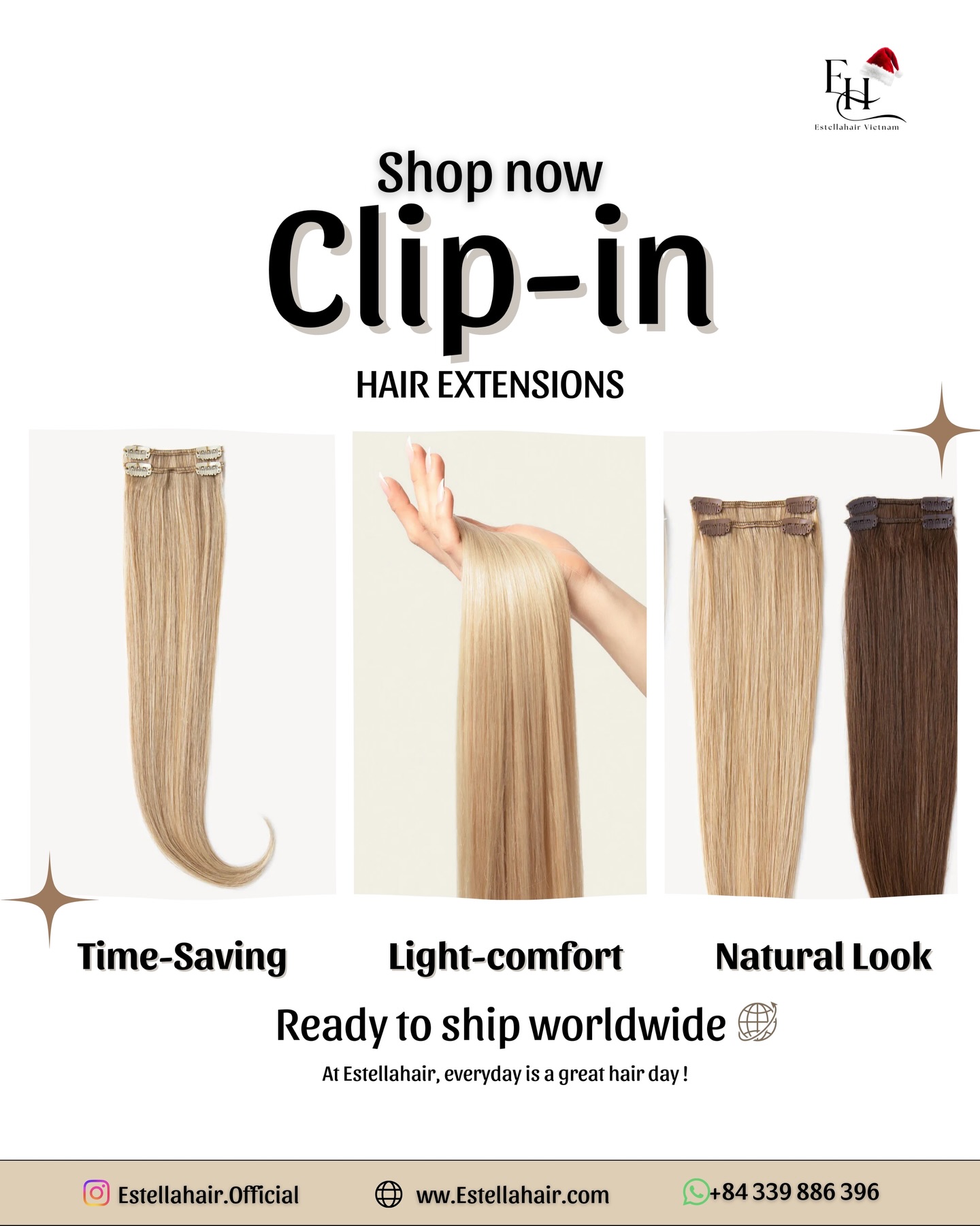 ✨ Clip-In Hair Extensions – Premium Vietnamese Hair | Estella Hair Vietnam
Looking for a quick, natural, and damage-free hair upgrade?
Clip-In Hair Extensions from Estella Hair Vietnam are designed for effortless styling, instant volume, and a flawless natural look — perfect for both everyday wear and special occasions.
Made from high-quality Vietnamese human hair, our Clip-In extensions blend seamlessly and feel light and comfortable throughout the day.
⸻
🌟 Why Choose Clip-In Hair Extensions?
⏱ Time-Saving – Easy to clip in and remove within minutes
🌿 Light & Comfortable – Gentle on the scalp, no damage to natural hair
✨ Natural Look – Seamless blend and smooth texture
💯 100% Human Hair – Soft, reusable, and easy to style
🌍 Ready to Ship Worldwide – Available for retail & wholesale orders
Trusted by salons, hair professionals, and women across the US.
⸻
👉 Shop now at EstellaHair.com and make every day a great hair day.
⸻
🌐 Website:
www.estellahair.com
📱 WhatsApp:
https://wa.me/+84339886396
📧 Email:
Estellahairvietnam@gmail.com
📸 Instagram:
@Estellahair.official
#estellahair #estellahairvietnam #estellahairextensions
#hairindustry
#hairsupplier hairsalon
salonowner hairstylist
professionalhair salonlife hairprofessional
clipinhair hairextensions vietnamesehair humanhair