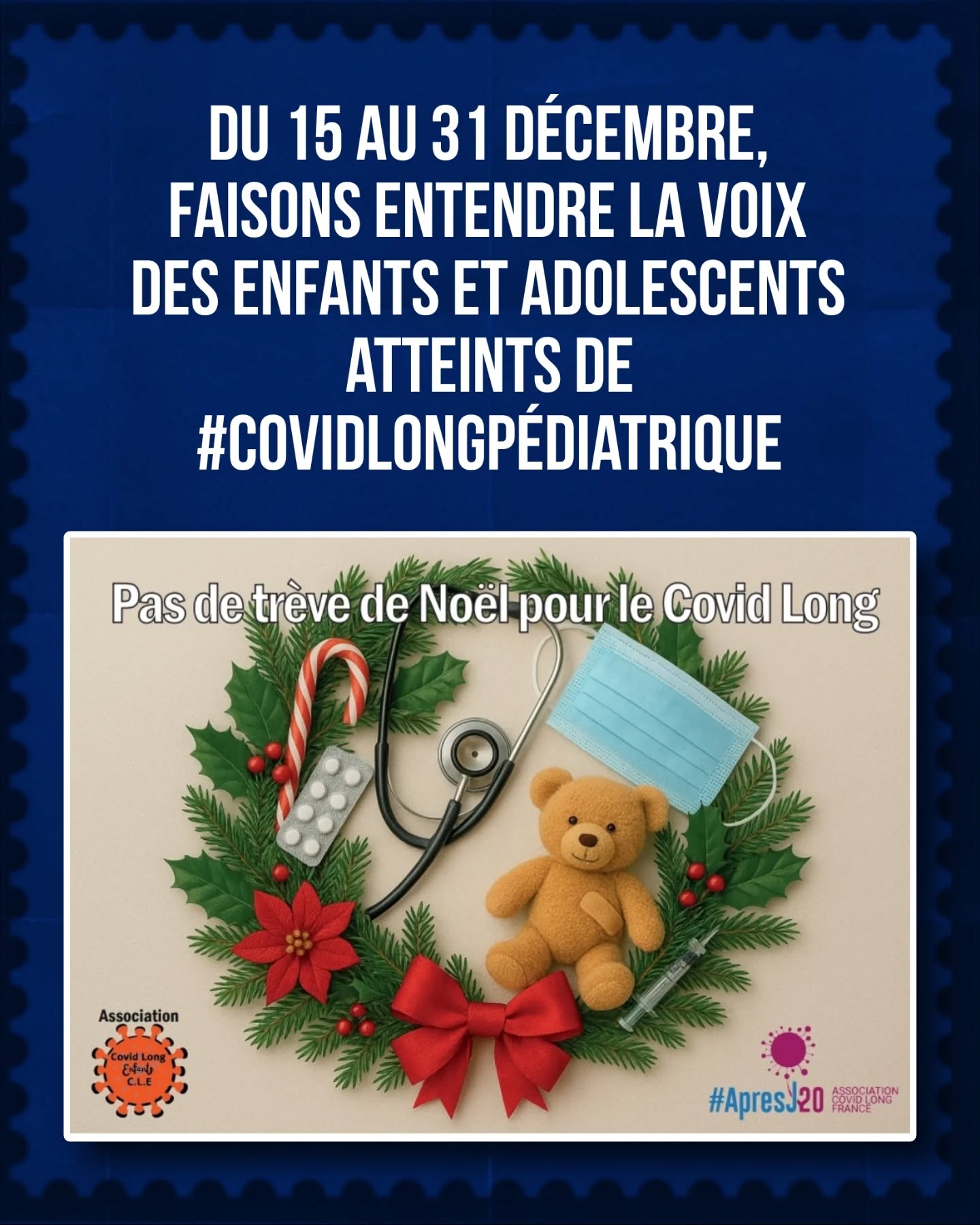 ⏳Plus que 3 jours
📢 #LongCovidAwareness Les enfants aussi sont touchés
Il ne reste que 3 jours pour participer à l’action en faveur des enfants et adolescents atteints de #CovidLongPédiatrique, trop souvent invisibles.
💌 Une action simple et forte :
✍️ Écrire une carte postale à la ministre de la Santé
👉 Une carte = une voix
📮 Adresse :
Stéphanie Rist
Ministère du Travail, de la Santé, des Solidarités et des Familles
14, avenue Duquesne
75350 PARIS 07 SP
Derrière le Covid long pédiatrique :
* des enfants épuisés, douloureux, parfois déscolarisés
* des familles isolées
* un manque de reconnaissance et de soins adaptés
📢 Refusons le silence et l’inaction.
Chaque carte compte. Chaque jour compte.
#LongCovidAwareness #CovidLongPediatrique #ApresJ20 @assoc_covidlongenfants