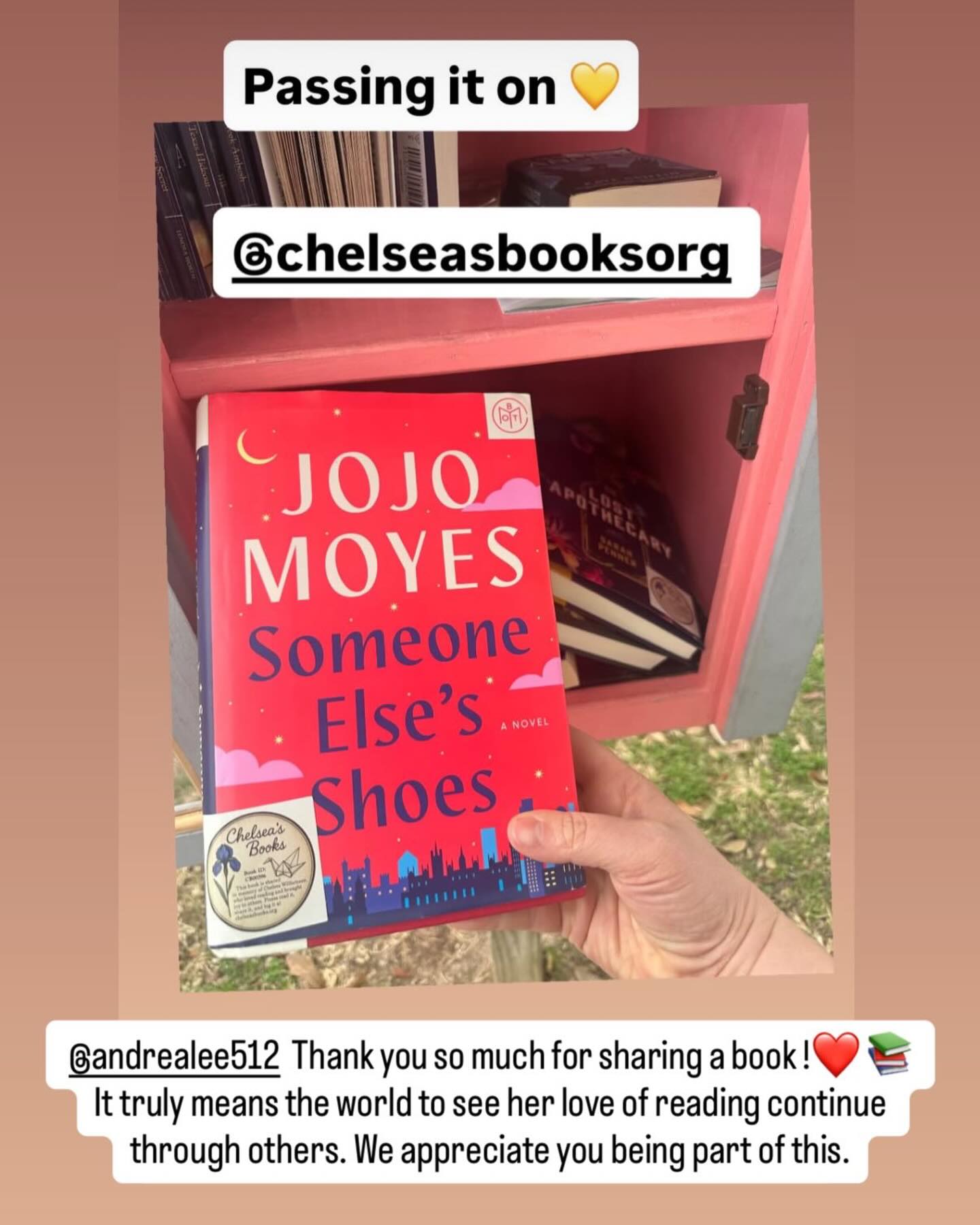 This made our day! Seeing where her books travel is incredibly meaningful to us. #chelseasbooks #chelseasbooksorg #bookjourneyforchelsea #suicideawareness