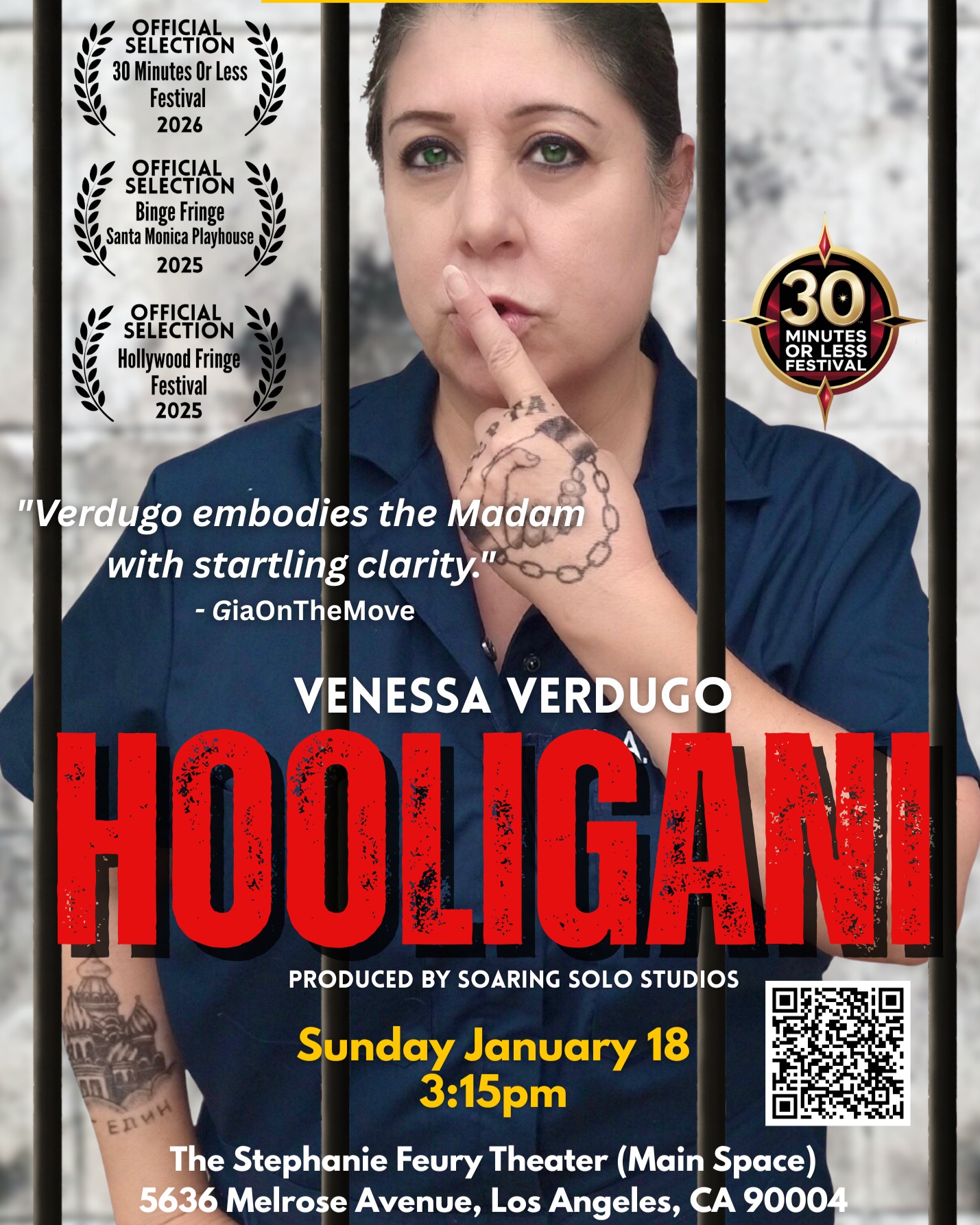 "With Heidi Fleiss behind bars and the Soviet Union in ruins, Tetyana stepped into L.A.’s chaotic sex trade and built a predatory empire on the backs of vulnerable Ukrainian women. But one random misstep brought the whole thing crashing down—talk about karma clocking in overtime, ha!"
GET TICKETS NOW AT QR CODE OR
www.30minutesorlessfestival.com