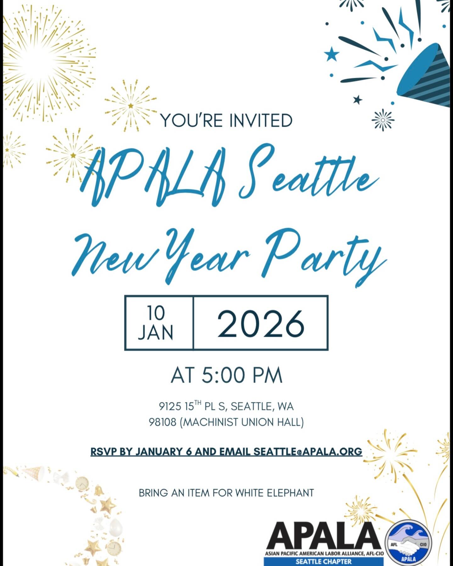To celebrate the New Year, come join us for the APALA New Year Party on January 10 at 5:00 PM. We want to celebrate the new year, reflect on our past year, and enjoy time together with APALA members. We want to create this space for everyone to come together after a busy-end-year period. This will be a time for connection, joy, solidarity, and renewal as we step into the year ahead