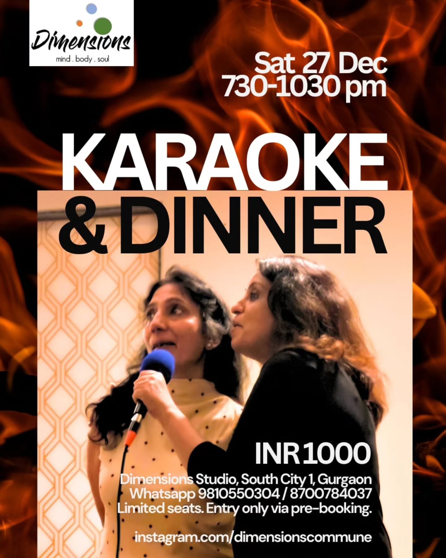 ✨ Dimensions Karaoke & Dinner Night! ✨🎤
Get ready to sing your heart out and feast with friends!
Join us for a joyful evening of music, laughter, and good food at Dimensions Studio, South City 1, Gurgaon.
🗓 SATURDAY, 27 Dec
🕢 7:30 PM onwards
💰 Entry: ₹1000 per person
🎶 Good vibes, great food, and your favorite songs await!
⚠️ Limited seats — entry by prior booking only!
📱 WhatsApp 9810550304 / 8700784037 to reserve your spot.
Bring your voice, your spirit (BYOB), and your tribe — let’s make it a night to remember! 🎵
#karaoke #event #music #singing #openmic bollywoodsongs