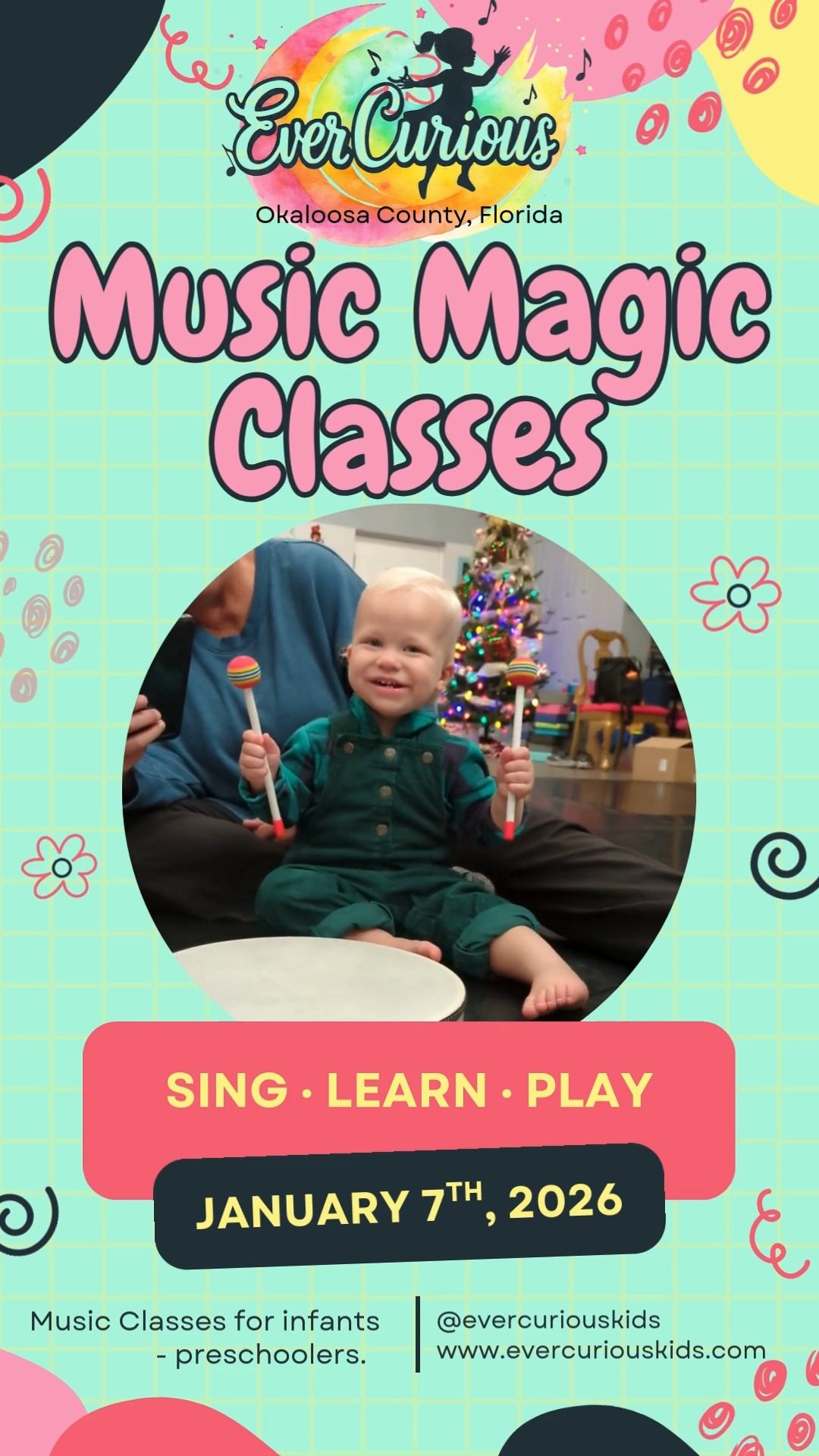 Music classes for infants and toddlers in Okaloosa County, Florida. Classes begin January 7th, 2026. Visit www.evercuriouskids.com to learn more.