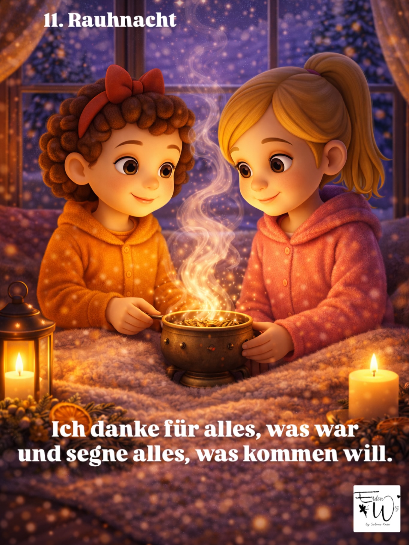Mach es dir gemütlich.
Vielleicht zusammen mit jemandem, den du lieb hast.
Lege deine Hand auf dein Herz und spüre, wie es schlägt.
Schließe für einen Moment deine Augen.
Atme einmal tief ein und aus…
Nun sprich dreimal:
„Ich danke für alles, was war und segne alles, was kommen will.“
Fühlst du dein Herz?
Wenn du möchtest bleibe noch einen Moment hier. Lass deine Augen geschlossen und vielleicht bekommst du auch in kleines Zeichen.