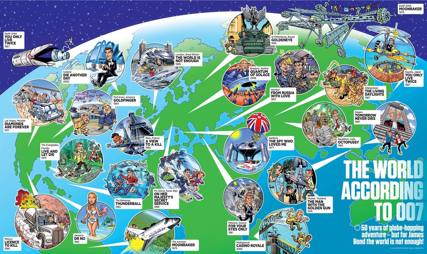 #MapMonday On this day in 1965, the fourth James Bond film starring Sean Connery (Thunderball) premiered in Tokyo, Japan. This map cartoon by Paul Cemmick shows Bond filming locations. Source: https://www.armenpogharian.com/map-monday-on-location-with-james-bond-films/
📽️ What’s your favourite Bond film?